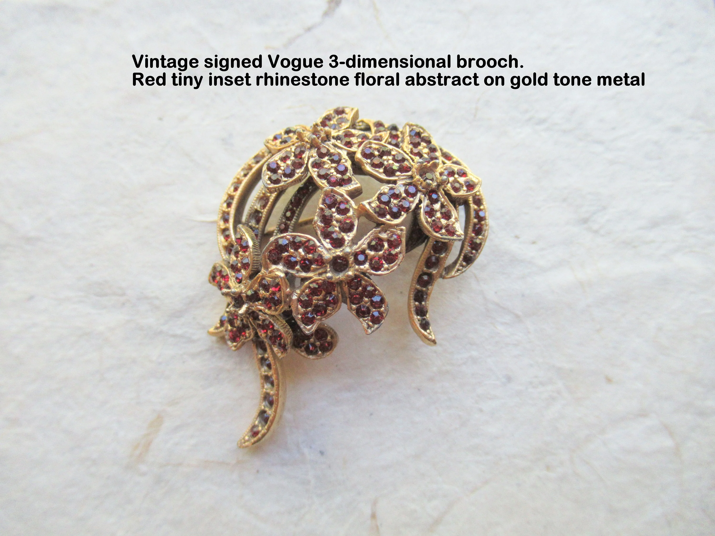 Signed Vogue Brooch Red Tiny Inset Rhinestone Floral Abstract On Gold Tone Metal Perfectly Lovely 50s Vintage Three Dimensional Design - Image 2