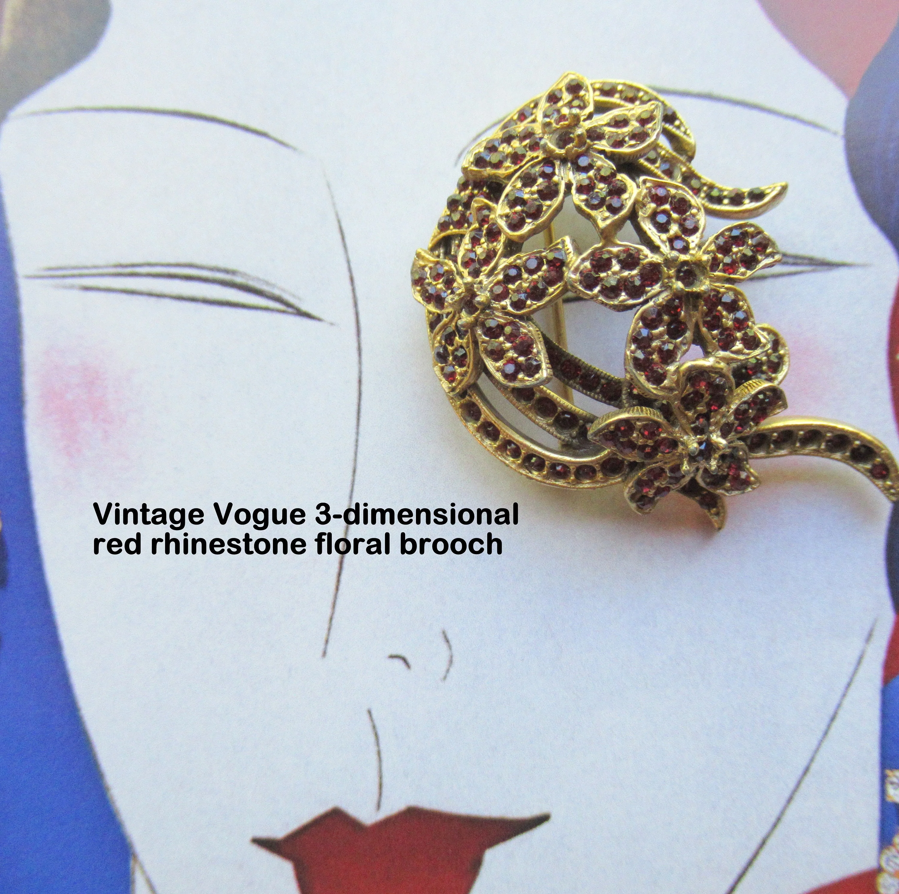 Signed Vogue Brooch Red Tiny Inset Rhinestone Floral Abstract On Gold Tone Metal Perfectly Lovely 50s Vintage Three Dimensional Design - Image 7