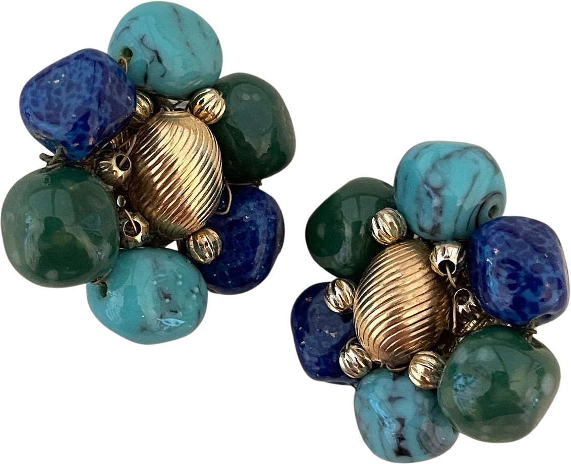 Signed Vogue Faux Lapis Turquoise, and Jade Stone Cluster Bead Clip-On Statement Earrings by Vogue