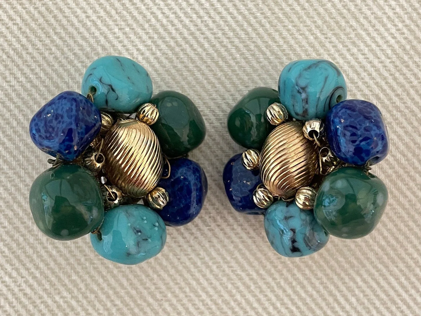 Signed Vogue Faux Lapis Turquoise, and Jade Stone Cluster Bead Clip-On Statement Earrings by Vogue - Image 2