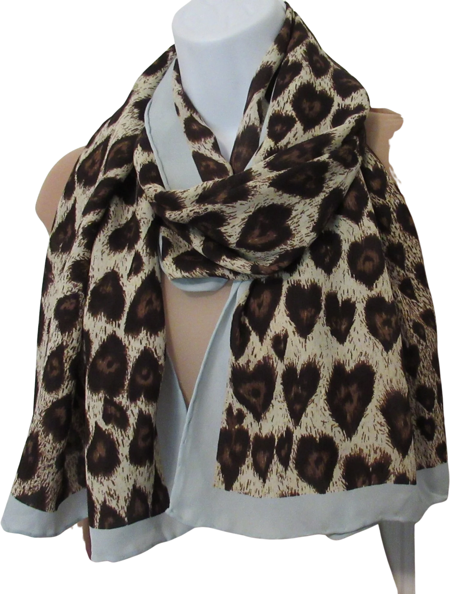 Silk Chiffon Oblong Scarf Animal Print 60 by 20. 5 Inch Specialty House, Sheer, Brown, Tan, Cream and Pastel Blue, Made In Korea, Vintage Chic