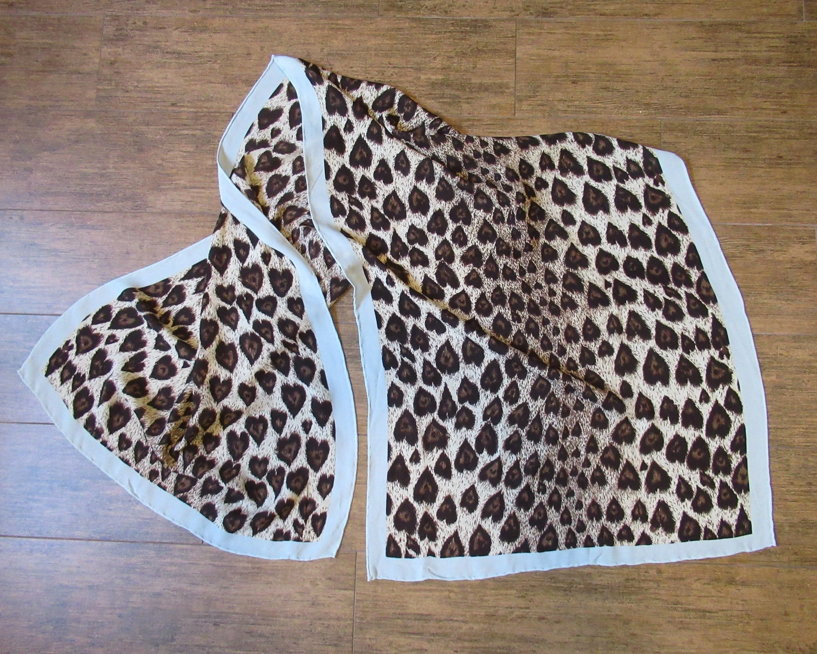 Silk Chiffon Oblong Scarf Animal Print 60 by 20. 5 Inch Specialty House, Sheer, Brown, Tan, Cream and Pastel Blue, Made In Korea, Vintage Chic - Image 2