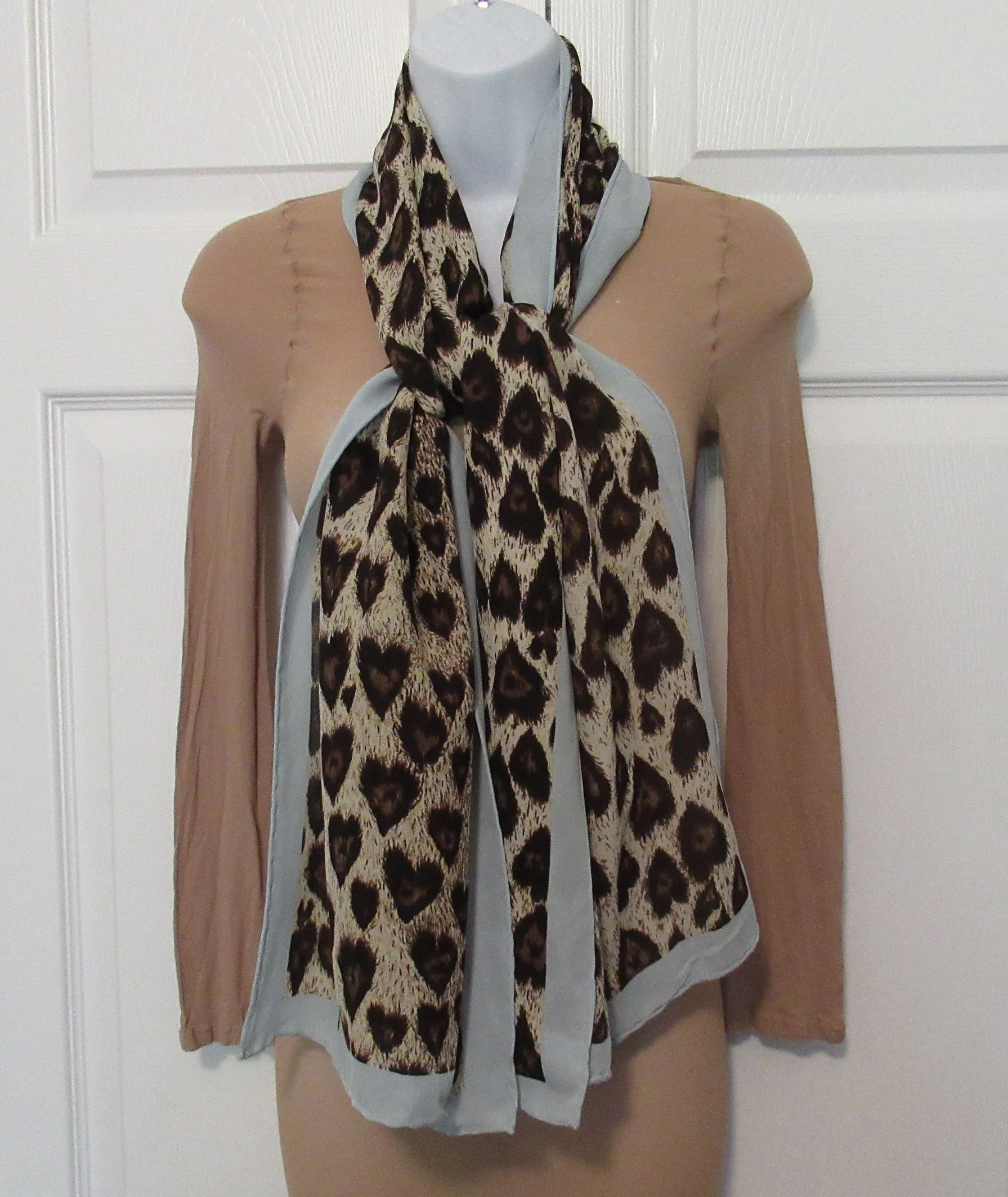 Silk Chiffon Oblong Scarf Animal Print 60 by 20. 5 Inch Specialty House, Sheer, Brown, Tan, Cream and Pastel Blue, Made In Korea, Vintage Chic - Image 3