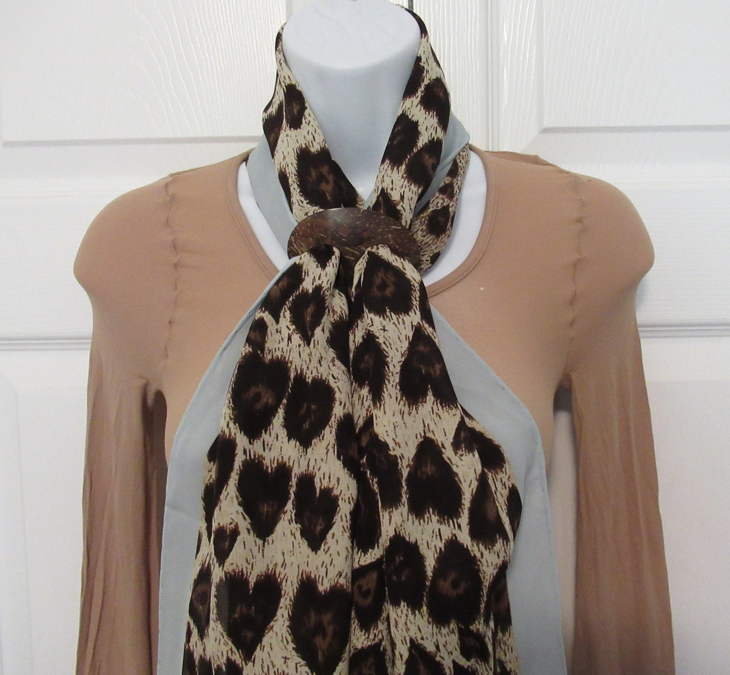 Silk Chiffon Oblong Scarf Animal Print 60 by 20. 5 Inch Specialty House, Sheer, Brown, Tan, Cream and Pastel Blue, Made In Korea, Vintage Chic - Image 4