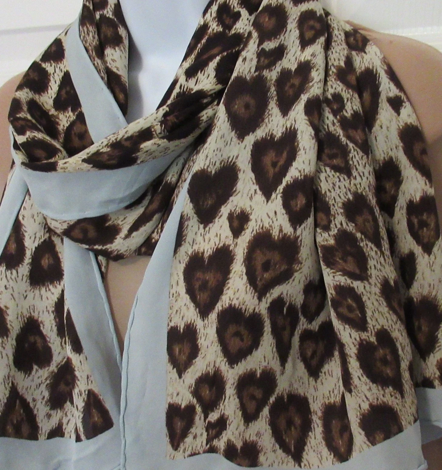 Silk Chiffon Oblong Scarf Animal Print 60 by 20. 5 Inch Specialty House, Sheer, Brown, Tan, Cream and Pastel Blue, Made In Korea, Vintage Chic - Image 6