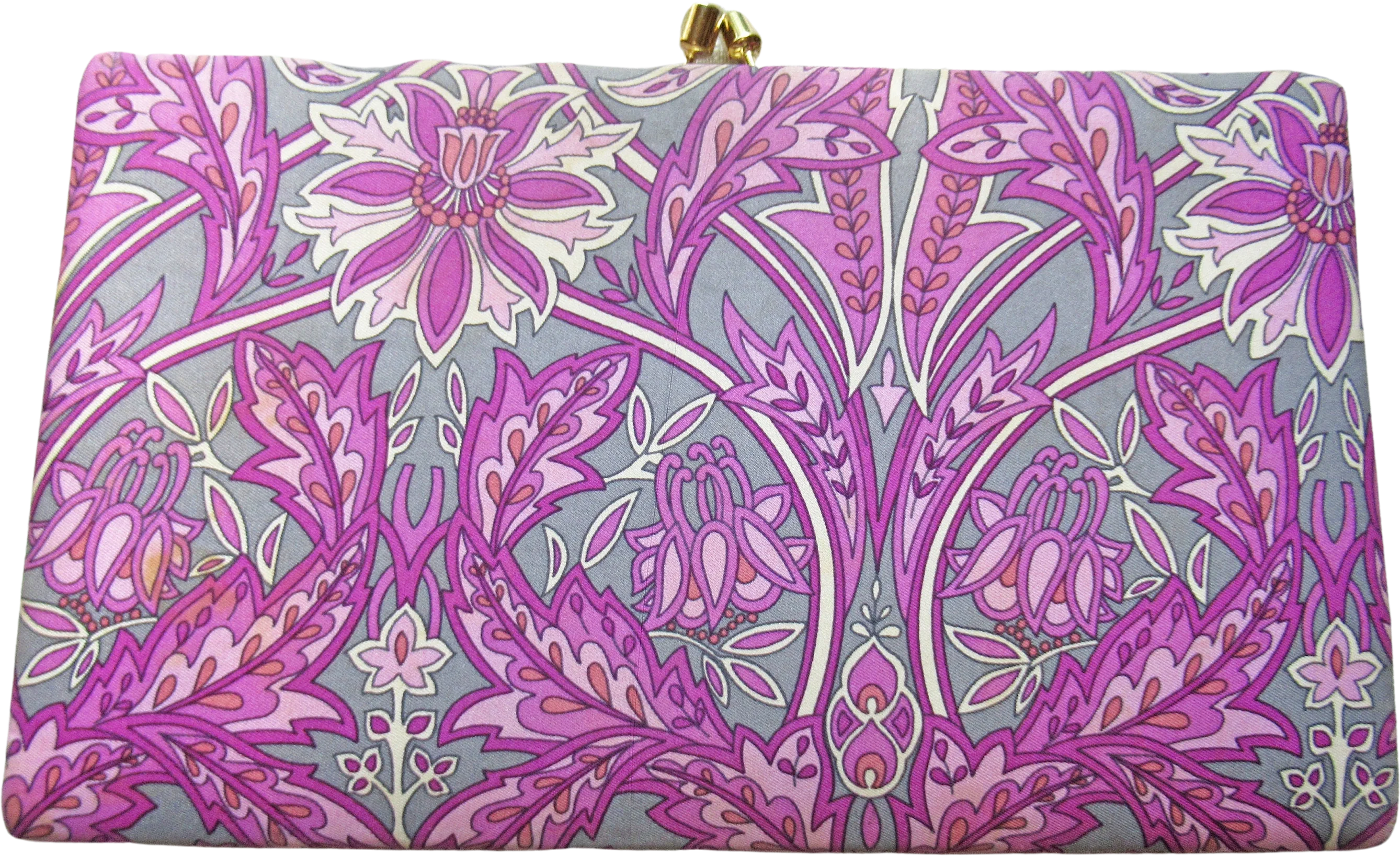 Silk Fabric Clutch 9 and 1/2 by 6 Inches with 1 Inch Depth Top Clasp Paisley Design In Purple Pink Gray and White Vtg by Banana Republic