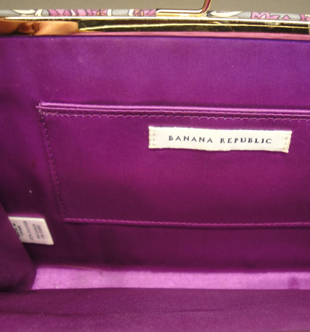 Silk Fabric Clutch 9 and 1/2 by 6 Inches with 1 Inch Depth Top Clasp Paisley Design In Purple Pink Gray and White Vtg by Banana Republic - Image 10