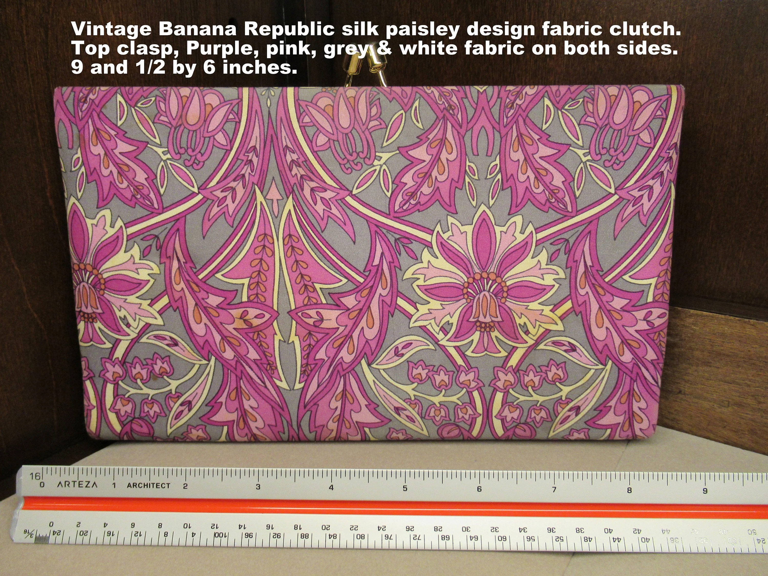 Silk Fabric Clutch 9 and 1/2 by 6 Inches with 1 Inch Depth Top Clasp Paisley Design In Purple Pink Gray and White Vtg by Banana Republic - Image 2