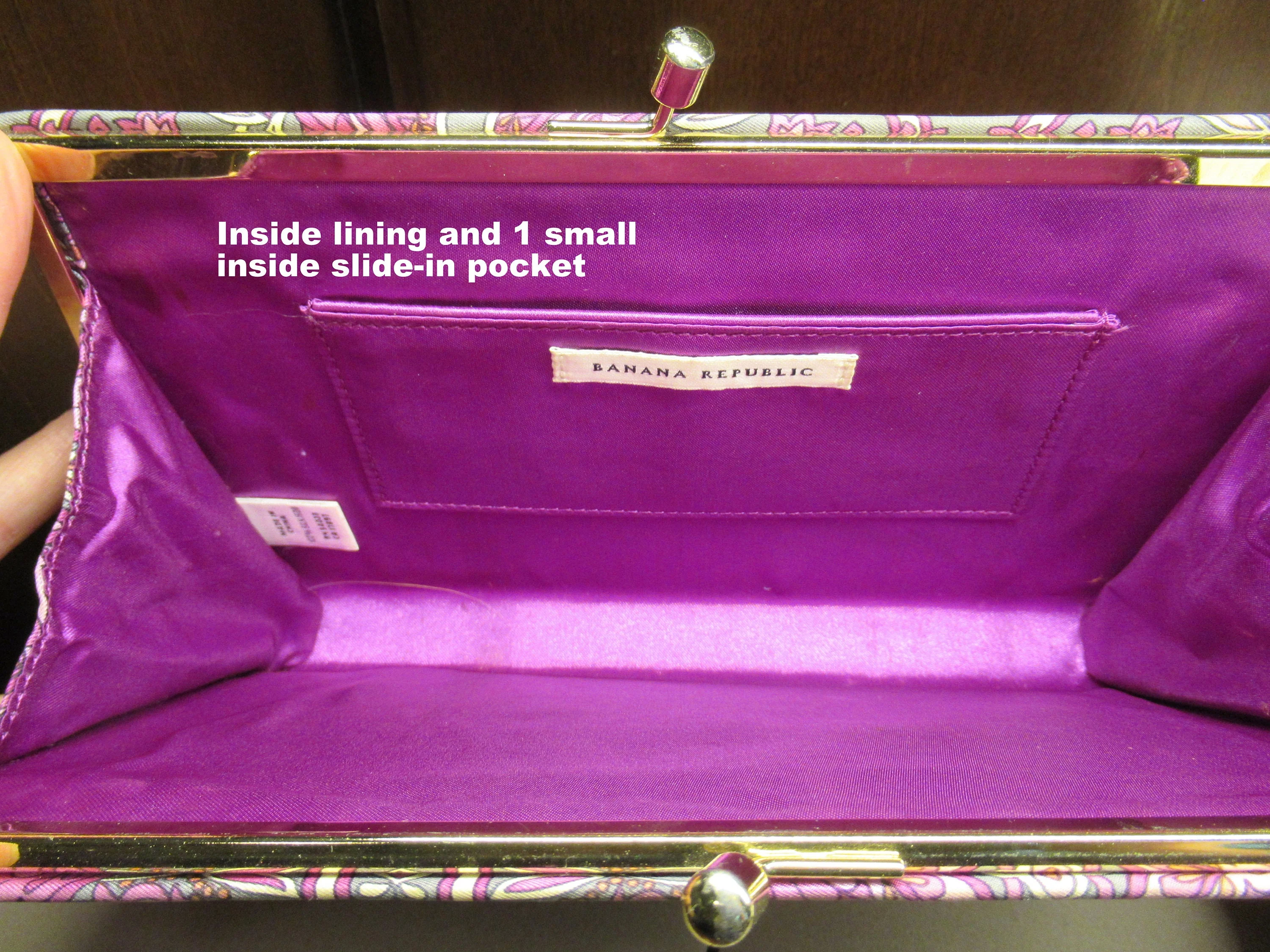 Silk Fabric Clutch 9 and 1/2 by 6 Inches with 1 Inch Depth Top Clasp Paisley Design In Purple Pink Gray and White Vtg by Banana Republic - Image 3