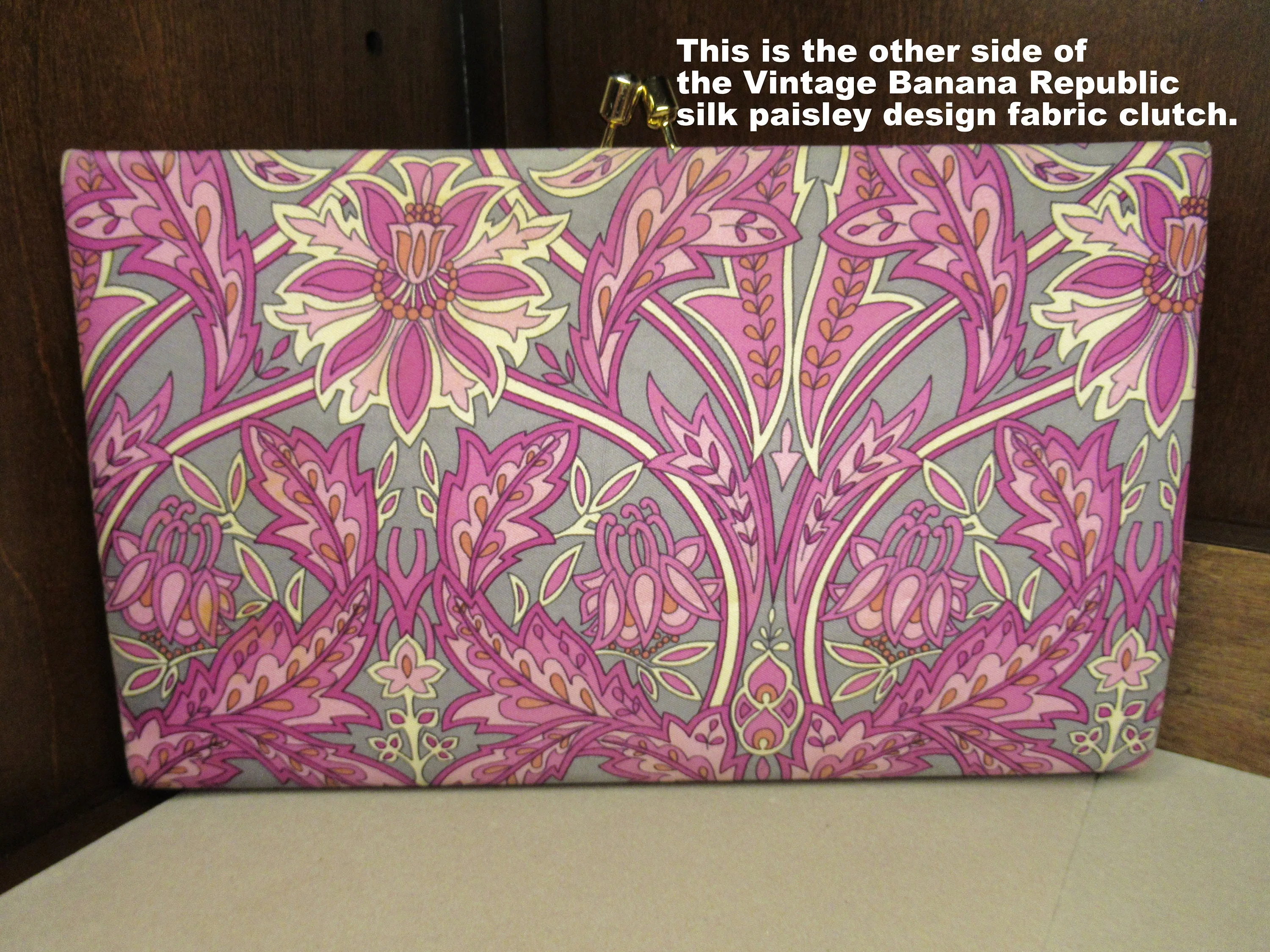 Silk Fabric Clutch 9 and 1/2 by 6 Inches with 1 Inch Depth Top Clasp Paisley Design In Purple Pink Gray and White Vtg by Banana Republic - Image 5