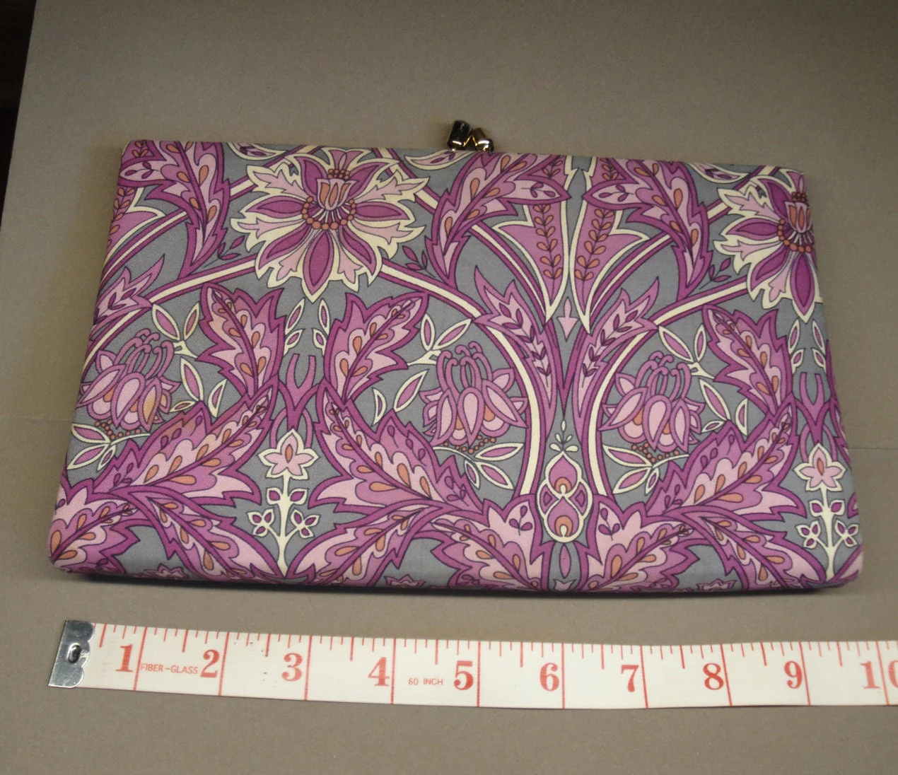 Silk Fabric Clutch 9 and 1/2 by 6 Inches with 1 Inch Depth Top Clasp Paisley Design In Purple Pink Gray and White Vtg by Banana Republic - Image 6