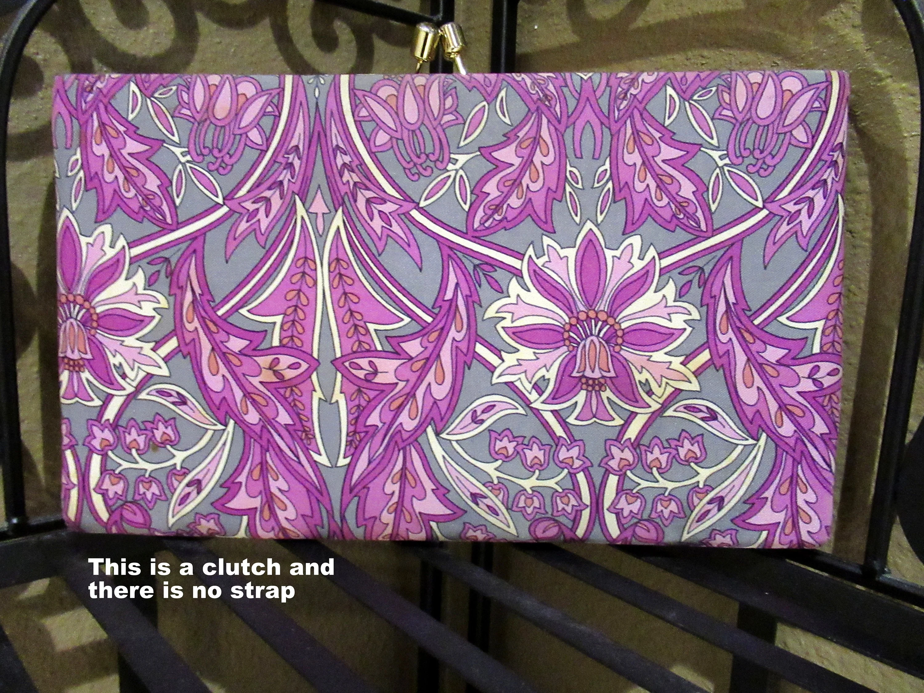 Silk Fabric Clutch 9 and 1/2 by 6 Inches with 1 Inch Depth Top Clasp Paisley Design In Purple Pink Gray and White Vtg by Banana Republic - Image 7