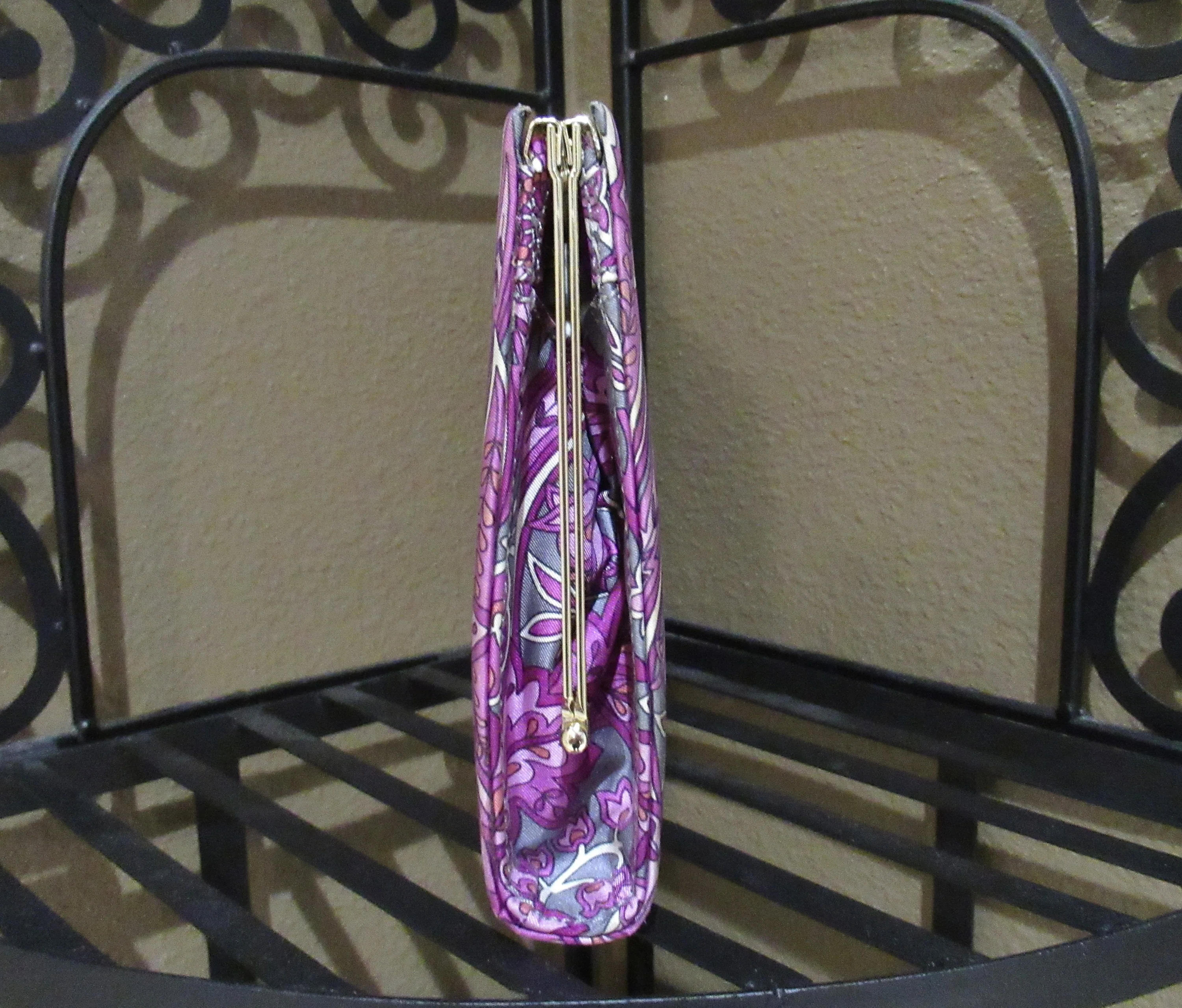 Silk Fabric Clutch 9 and 1/2 by 6 Inches with 1 Inch Depth Top Clasp Paisley Design In Purple Pink Gray and White Vtg by Banana Republic - Image 9