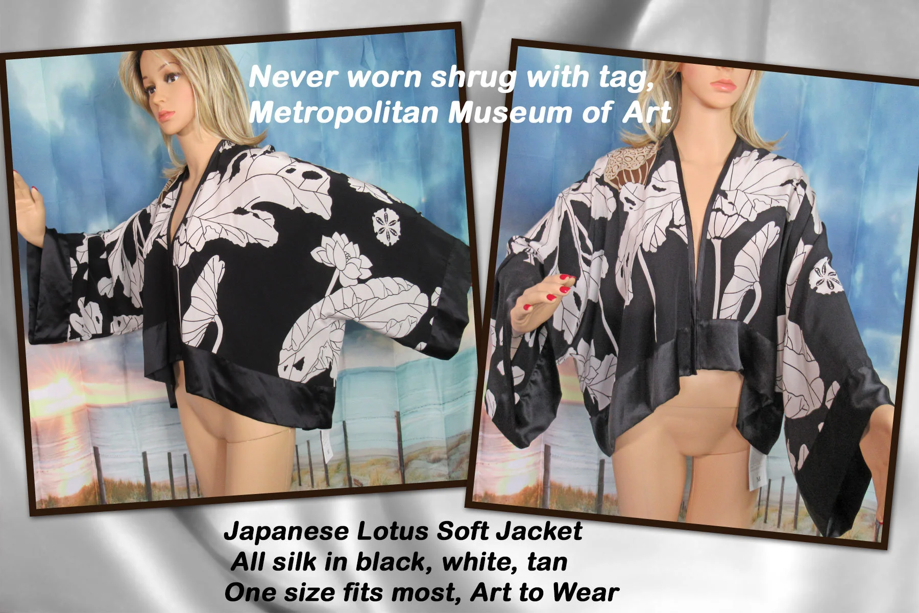 Silk Floral Shrug Metropolitan Museum of Art New with Tag Lotus Soft Jacket Black White Tan 1 Fits Most Art To Wear - Image 2