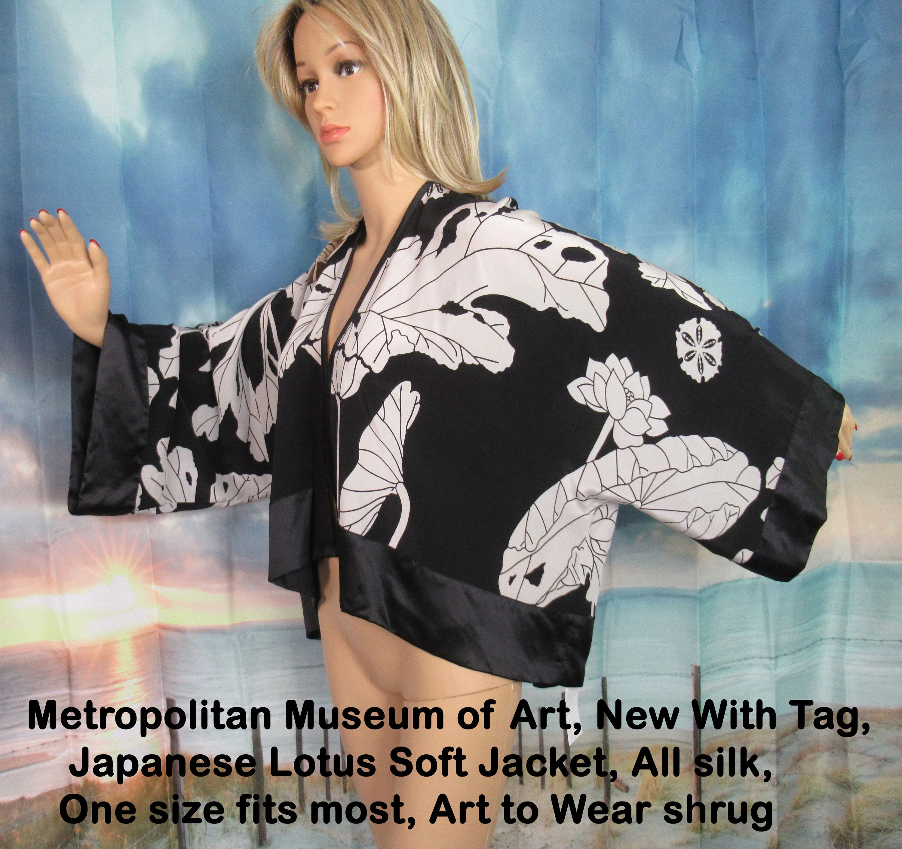 Silk Floral Shrug Metropolitan Museum of Art New with Tag Lotus Soft Jacket Black White Tan 1 Fits Most Art To Wear - Image 5