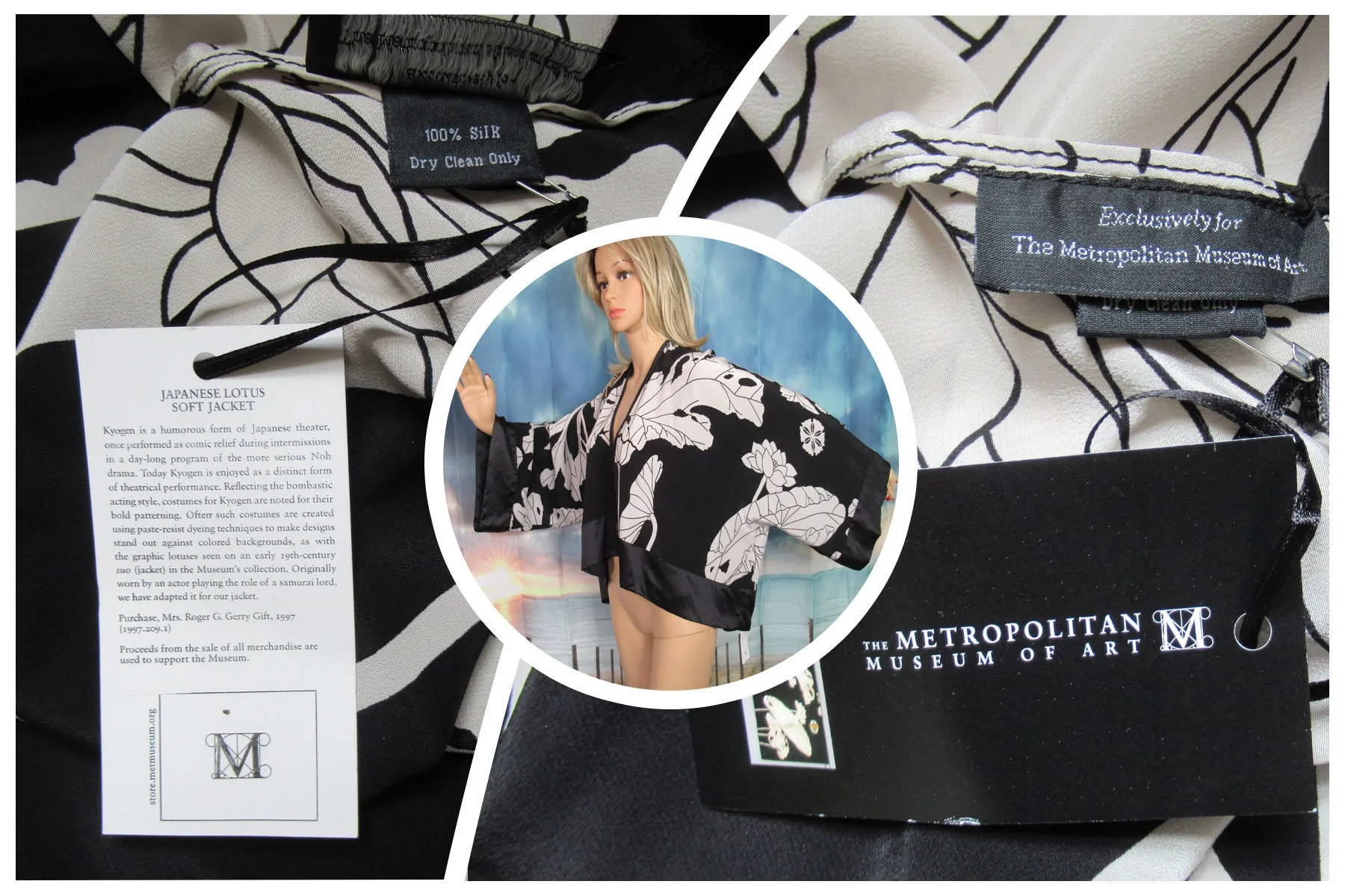 Silk Floral Shrug Metropolitan Museum of Art New with Tag Lotus Soft Jacket Black White Tan 1 Fits Most Art To Wear - Image 6