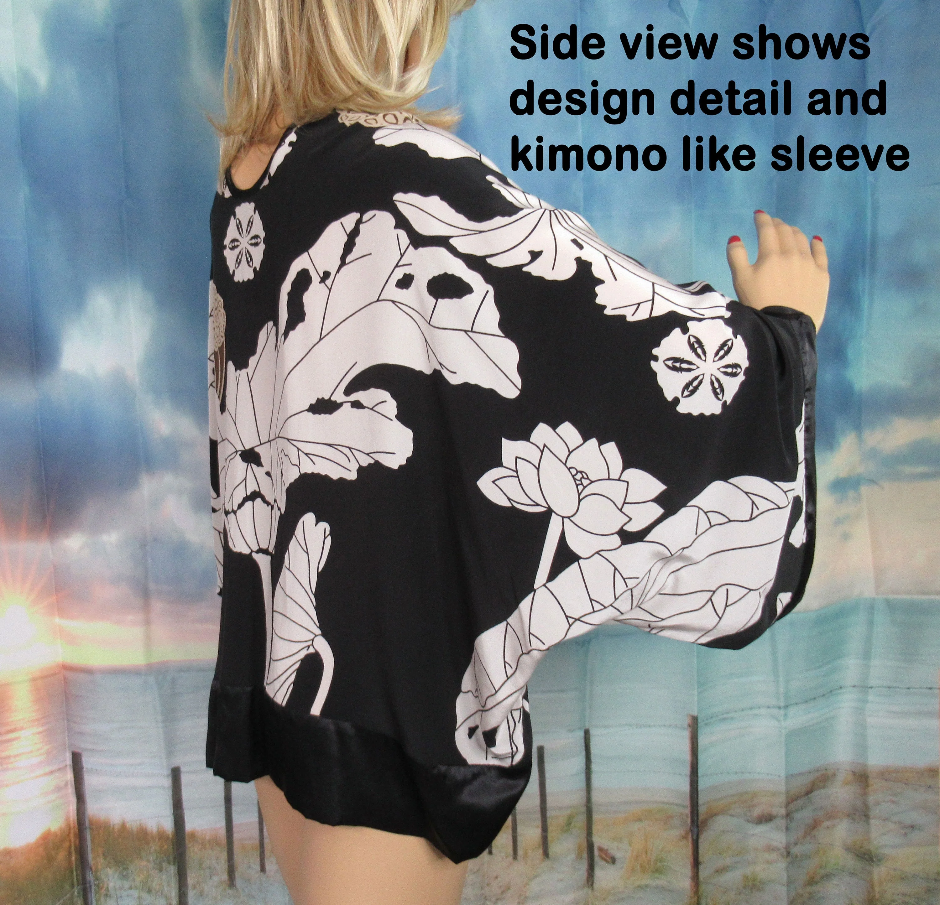 Silk Floral Shrug Metropolitan Museum of Art New with Tag Lotus Soft Jacket Black White Tan 1 Fits Most Art To Wear - Image 7
