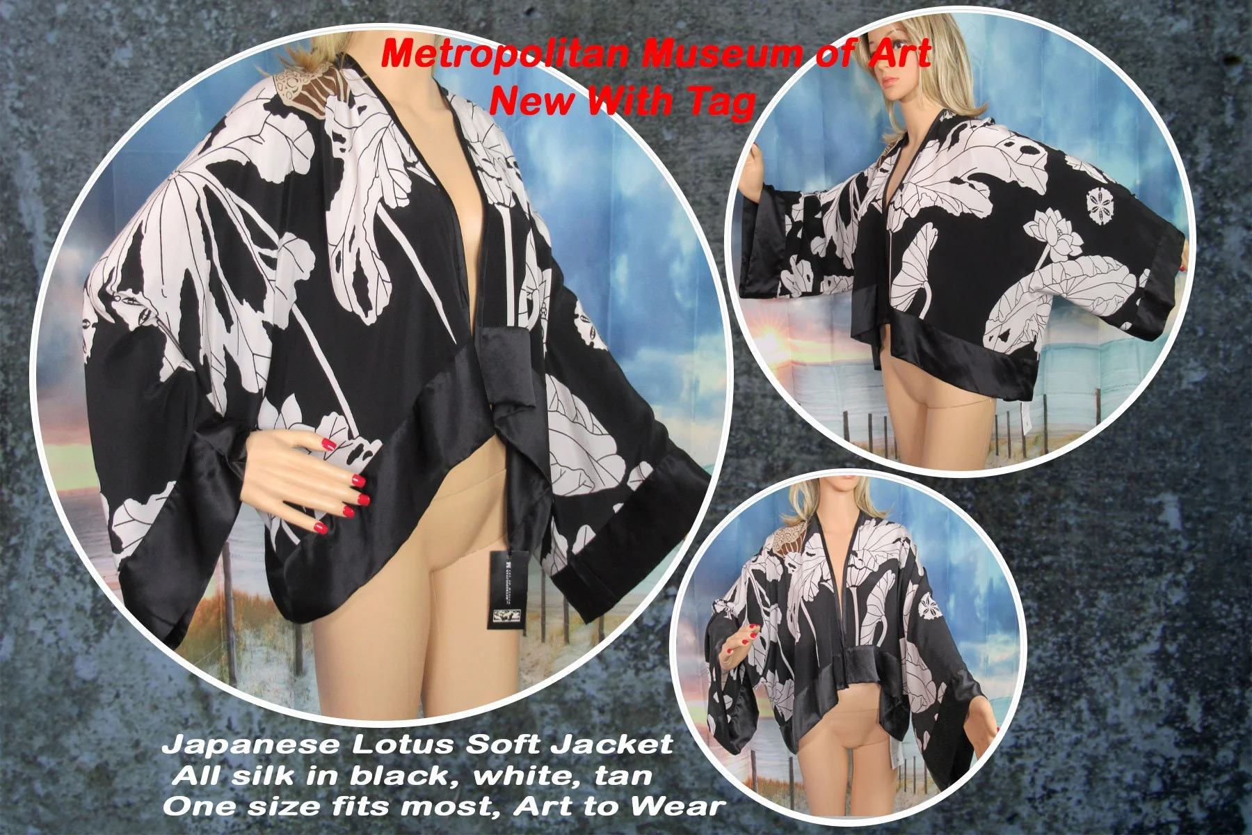 Silk Floral Shrug Metropolitan Museum of Art New with Tag Lotus Soft Jacket Black White Tan 1 Fits Most Art To Wear - Image 8