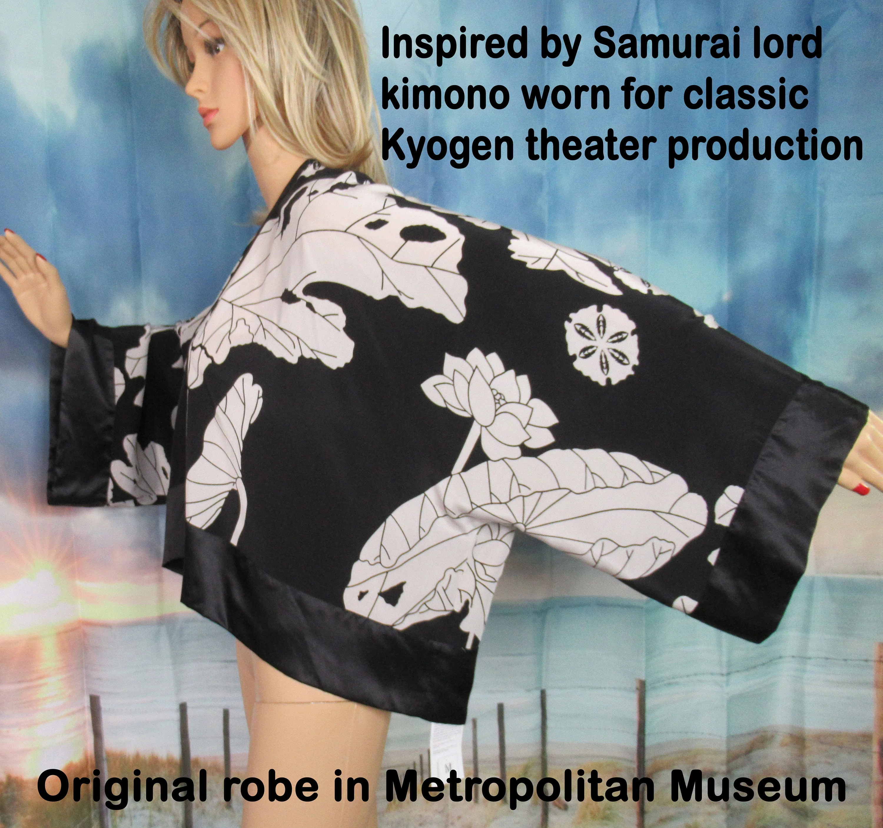 Silk Floral Shrug Metropolitan Museum of Art New with Tag Lotus Soft Jacket Black White Tan 1 Fits Most Art To Wear - Image 9