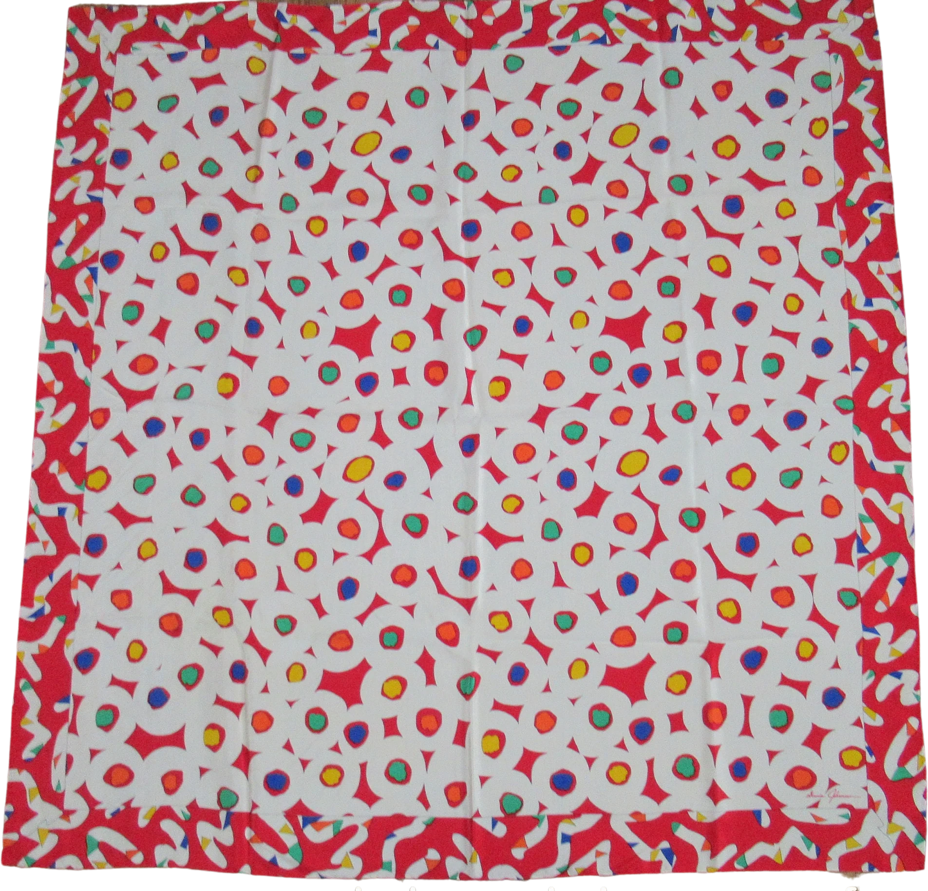 Silk Scarf 35 Inch Size Mixed Circle and Squiggle Design Red, White, Green, Purple, Yellow, Hand Rolled Hemmed Edges, Vtg by Ginnie Johansen