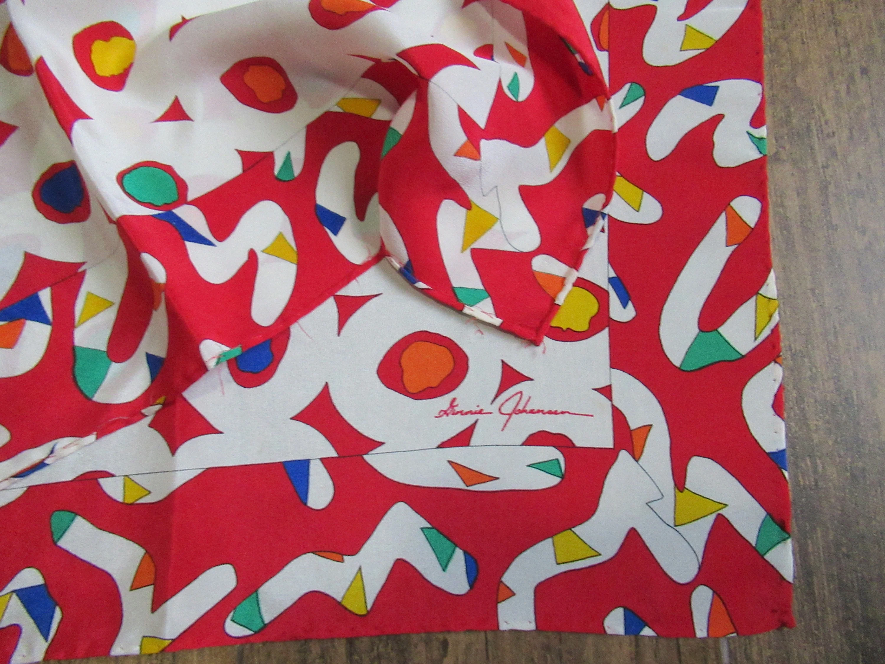 Silk Scarf 35 Inch Size Mixed Circle and Squiggle Design Red, White, Green, Purple, Yellow, Hand Rolled Hemmed Edges, Vtg by Ginnie Johansen - Image 2