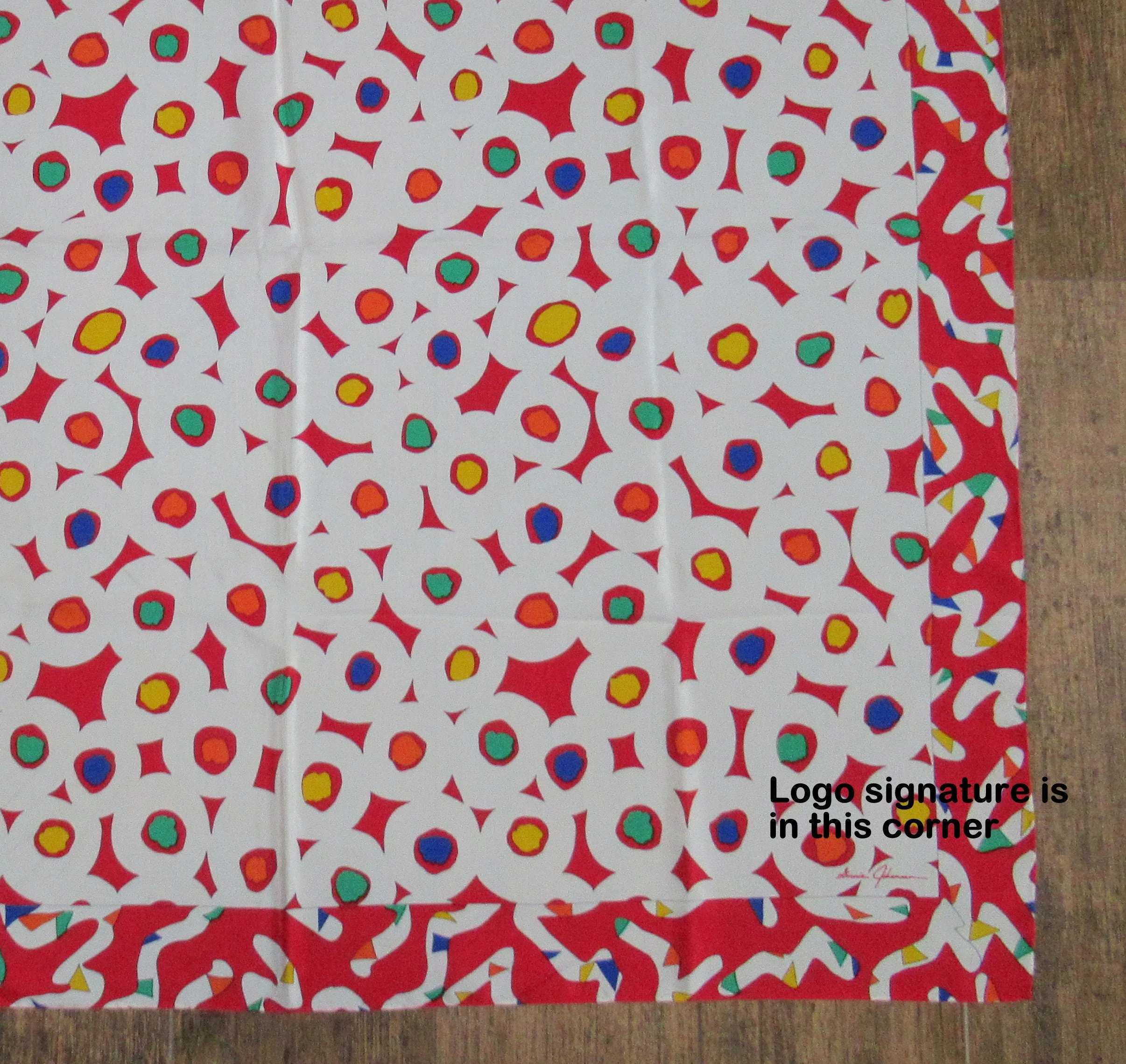 Silk Scarf 35 Inch Size Mixed Circle and Squiggle Design Red, White, Green, Purple, Yellow, Hand Rolled Hemmed Edges, Vtg by Ginnie Johansen - Image 5