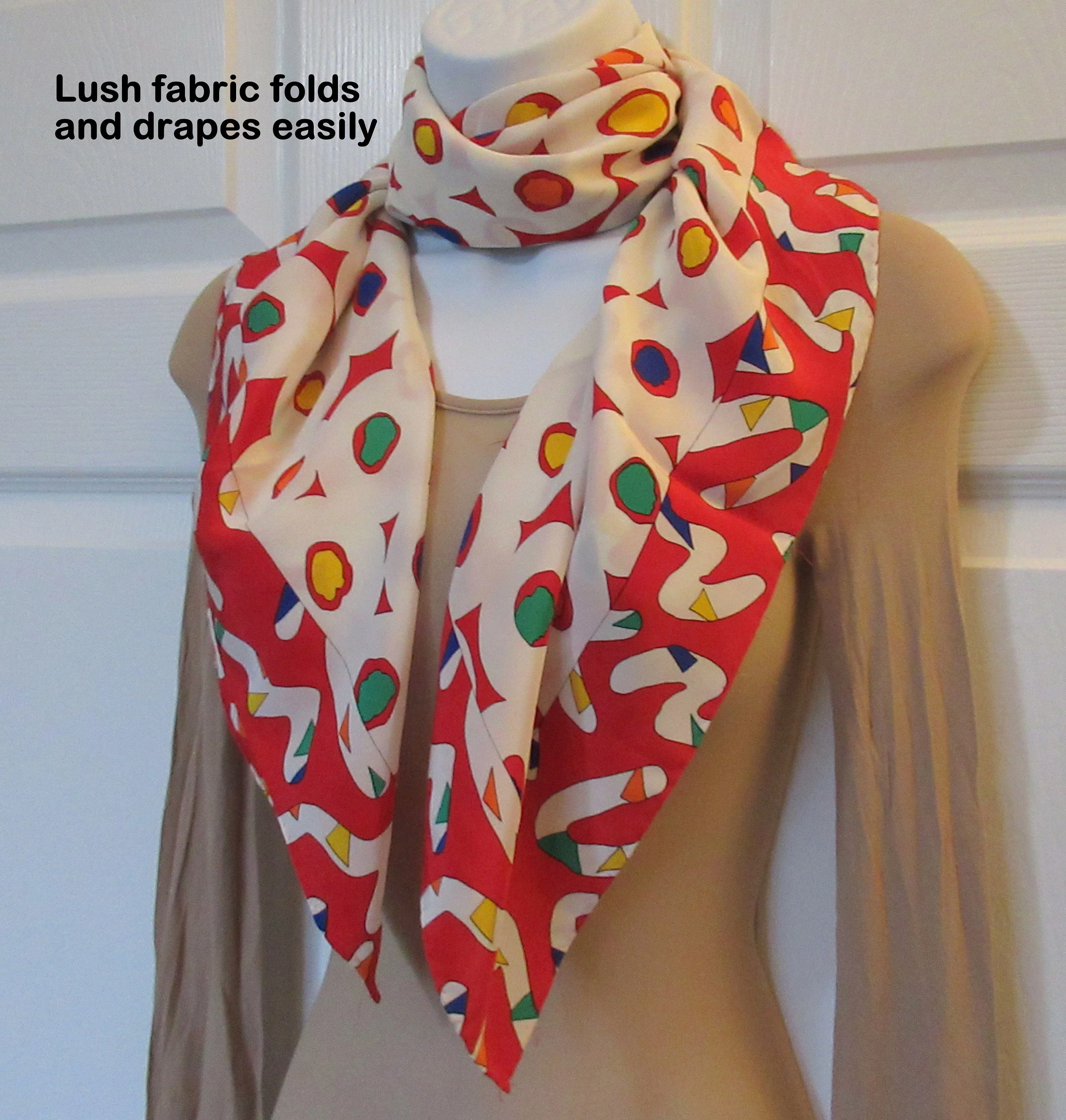 Silk Scarf 35 Inch Size Mixed Circle and Squiggle Design Red, White, Green, Purple, Yellow, Hand Rolled Hemmed Edges, Vtg by Ginnie Johansen - Image 6