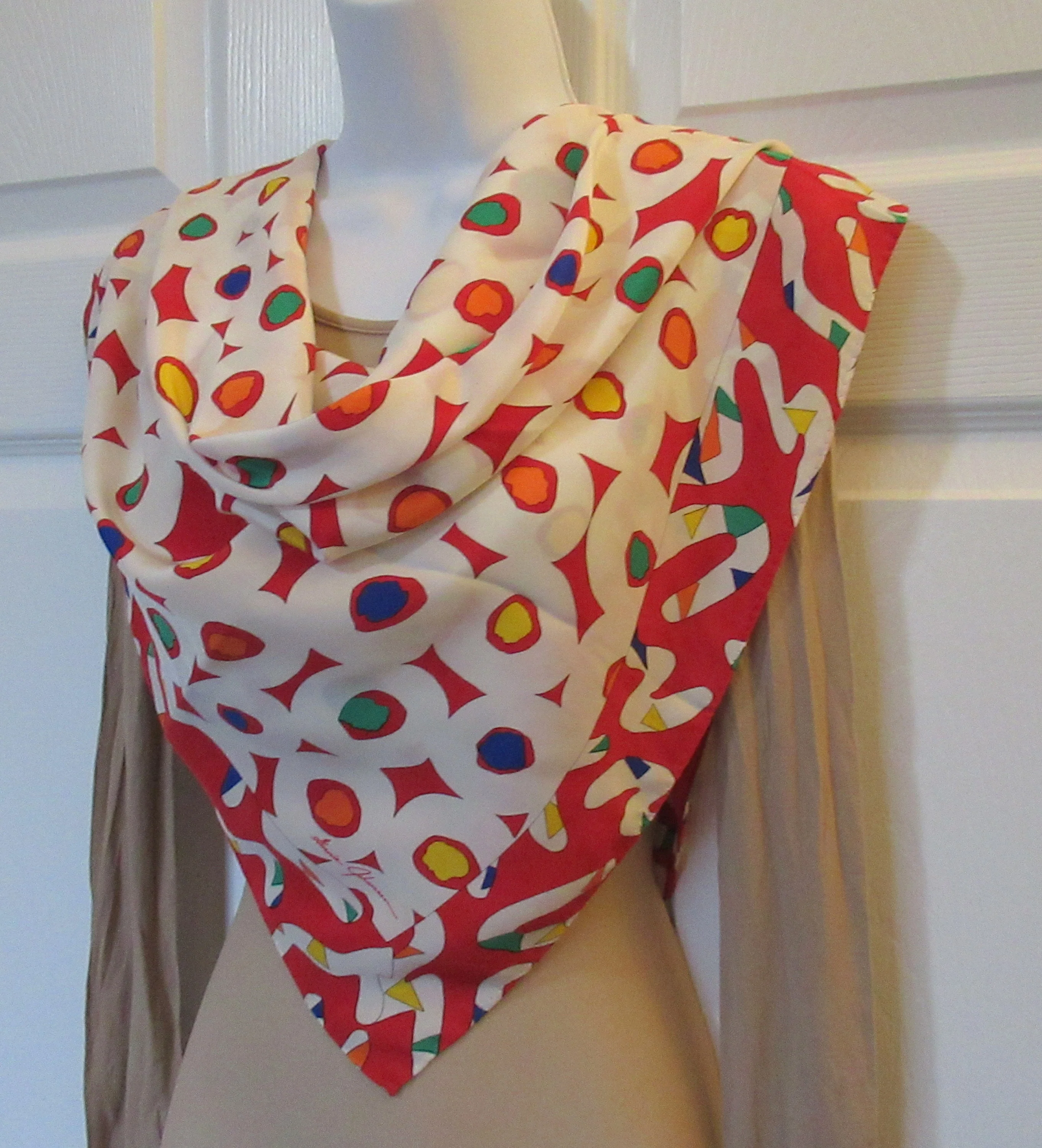 Silk Scarf 35 Inch Size Mixed Circle and Squiggle Design Red, White, Green, Purple, Yellow, Hand Rolled Hemmed Edges, Vtg by Ginnie Johansen - Image 8