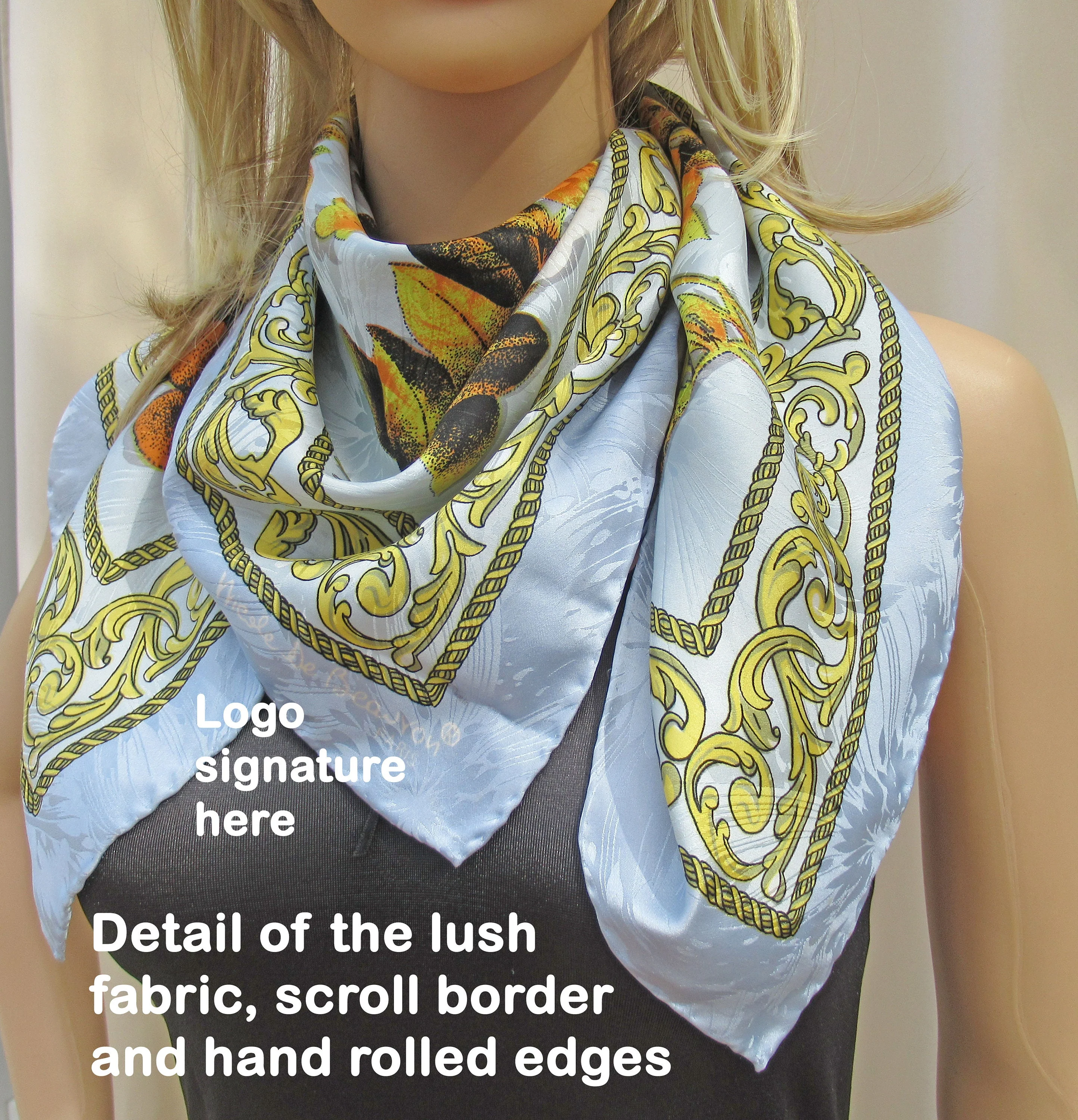 Silk Scarf Silk Square Nicole De Beauvoir Paris Light Blue Pattern On Pattern Overall Floral Design Hand Rolled Hem Edges by Nicole De Beauvoir - Image 3