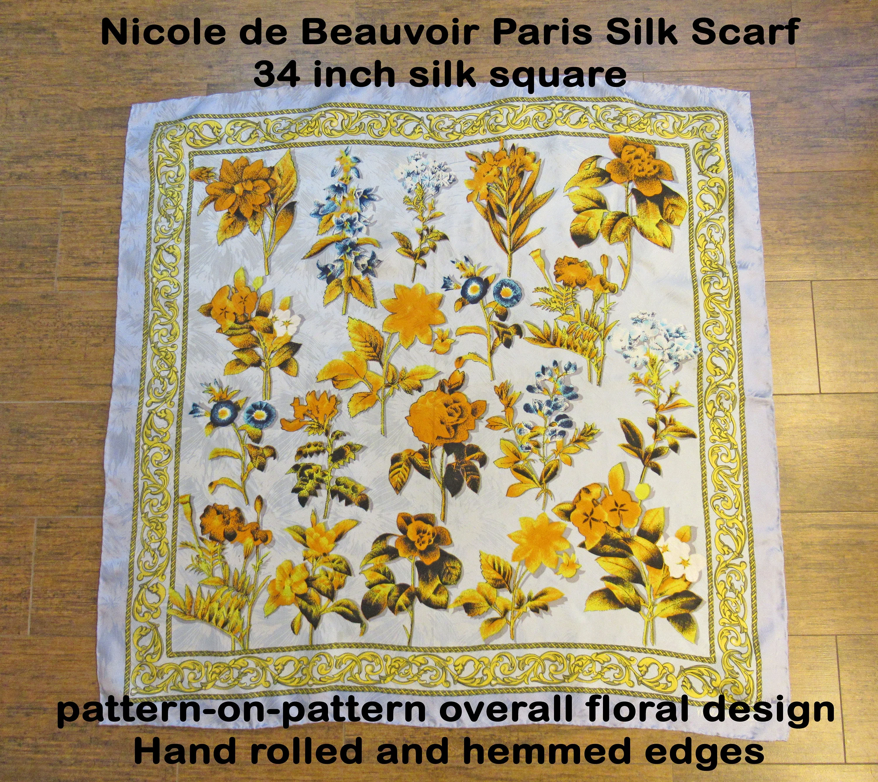Silk Scarf Silk Square Nicole De Beauvoir Paris Light Blue Pattern On Pattern Overall Floral Design Hand Rolled Hem Edges by Nicole De Beauvoir - Image 4