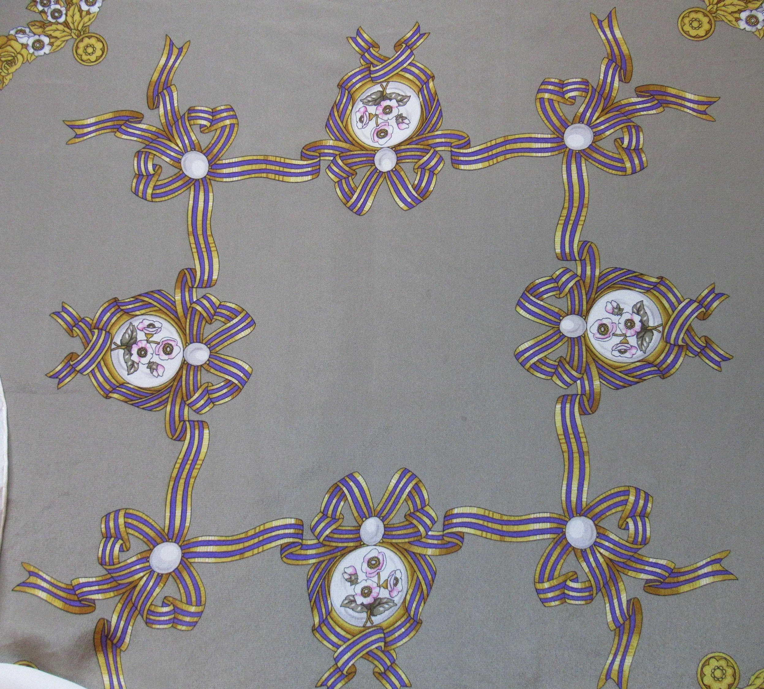 Silk Square Scarf Aquascutum, 34 Inch, Ribbons, Flowers, Pearls and Chains Classic Design, Rolled Hemmed Edges, Sage Green Background, Vtg - Image 10