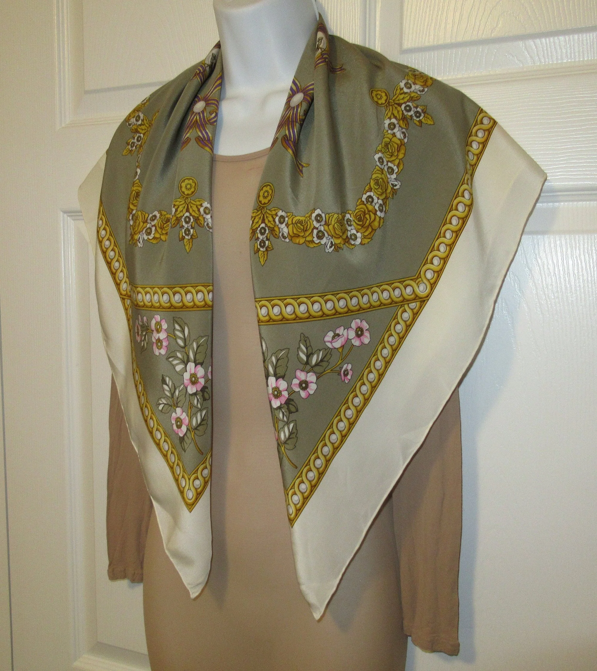Silk Square Scarf Aquascutum, 34 Inch, Ribbons, Flowers, Pearls and Chains Classic Design, Rolled Hemmed Edges, Sage Green Background, Vtg - Image 4