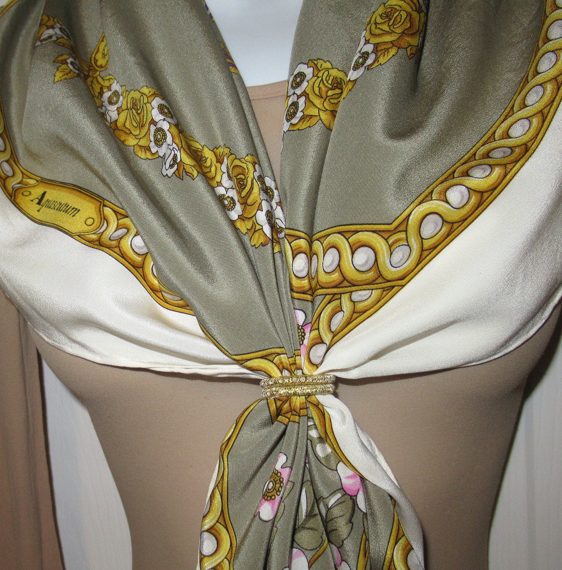 Silk Square Scarf Aquascutum, 34 Inch, Ribbons, Flowers, Pearls and Chains Classic Design, Rolled Hemmed Edges, Sage Green Background, Vtg - Image 8
