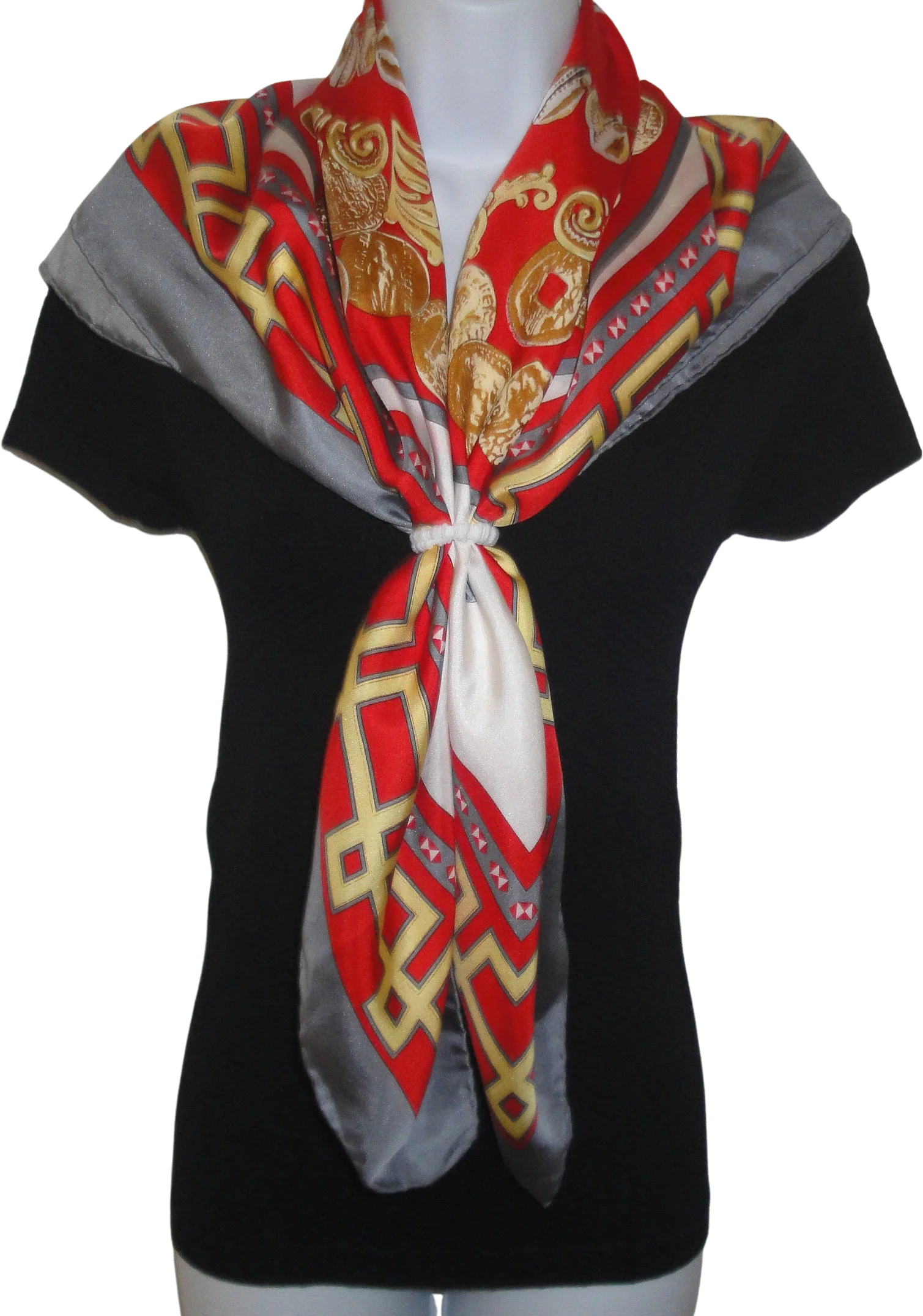 Silk Square Scarf Coin Images by The British Museum 36 by 35 Inch, Gray, Red, Gold, White Designs, Classic Hand Rolled/hemmed Edge Vintage