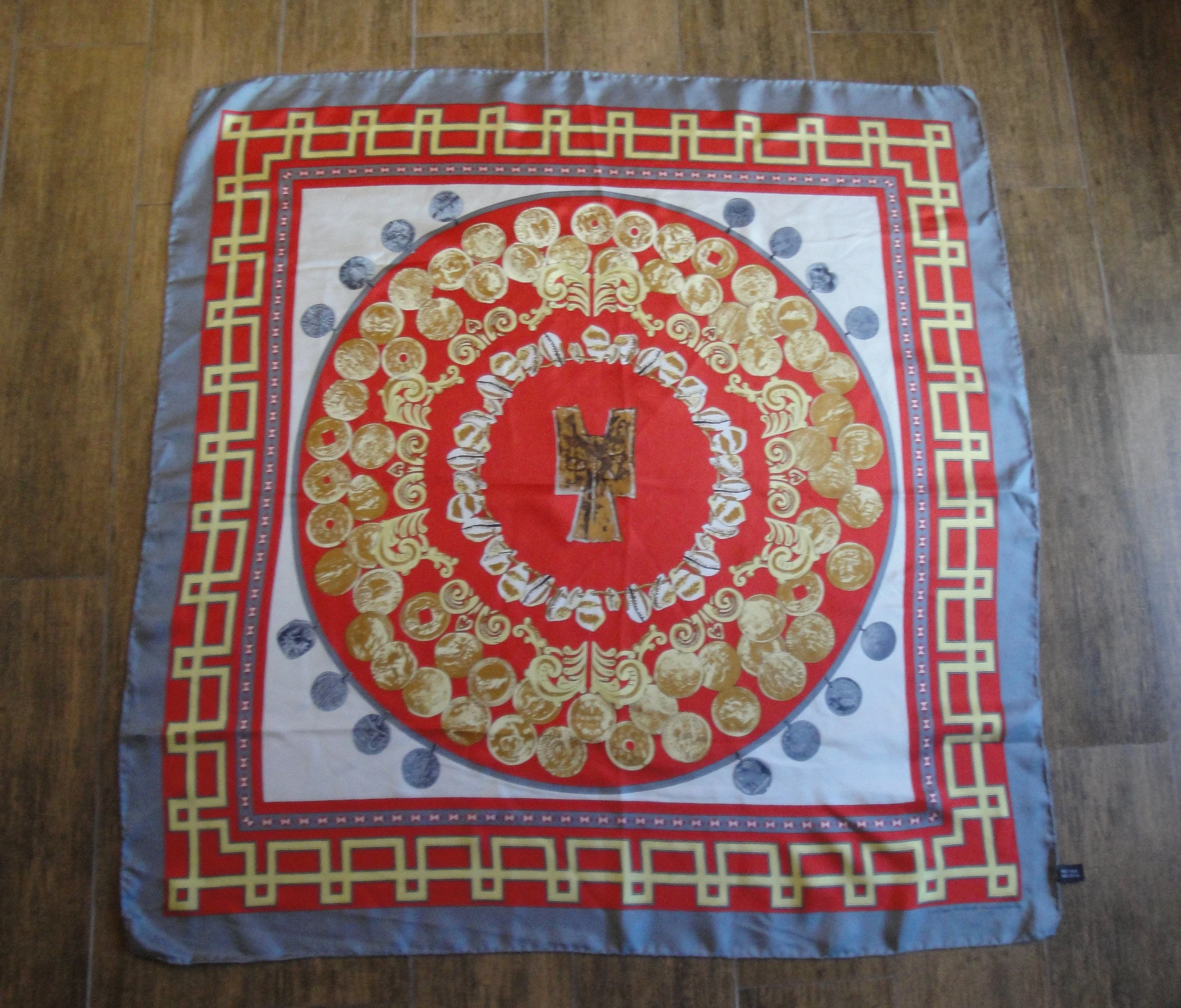 Silk Square Scarf Coin Images by The British Museum 36 by 35 Inch, Gray, Red, Gold, White Designs, Classic Hand Rolled/hemmed Edge Vintage - Image 2