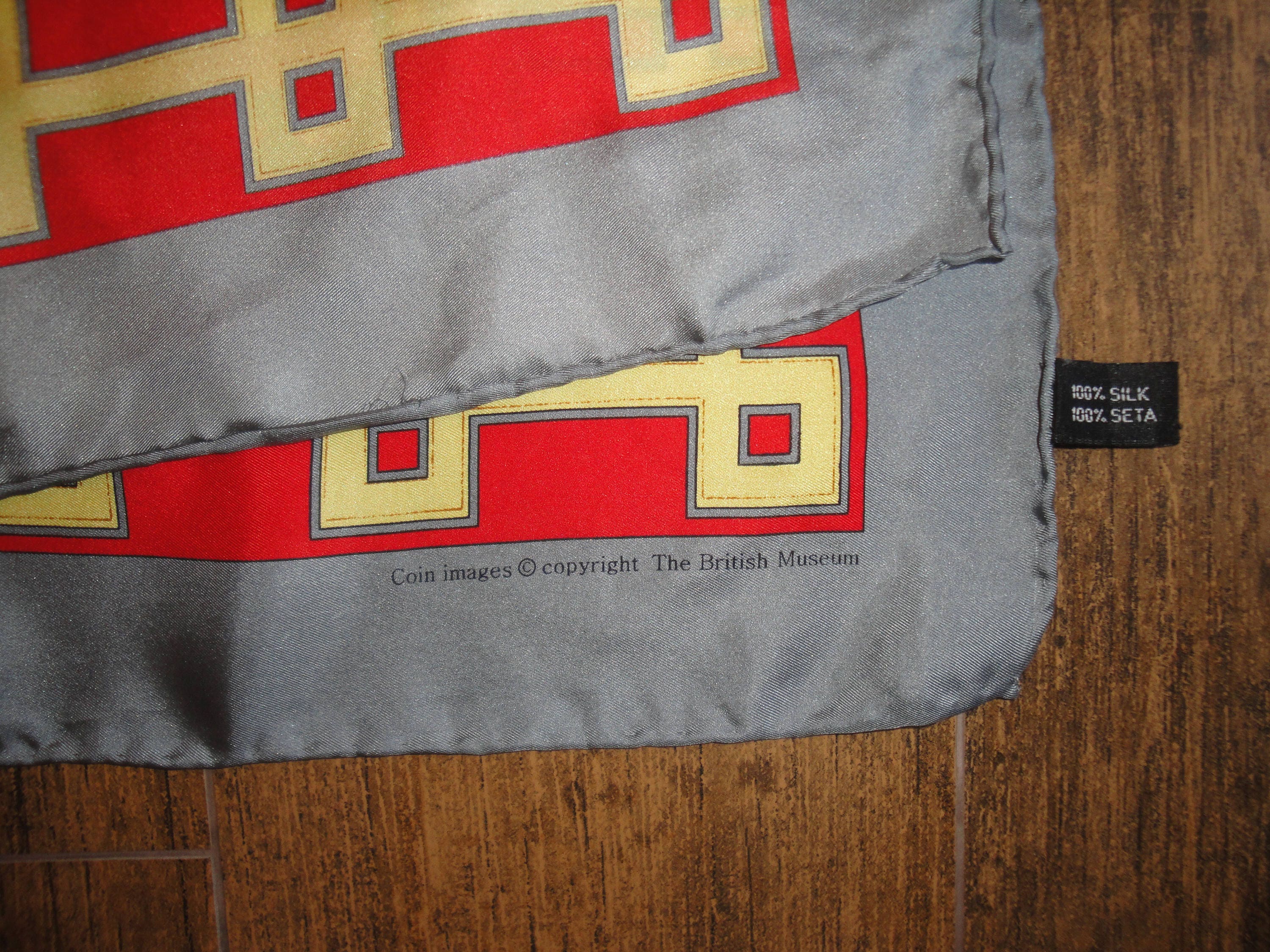 Silk Square Scarf Coin Images by The British Museum 36 by 35 Inch, Gray, Red, Gold, White Designs, Classic Hand Rolled/hemmed Edge Vintage - Image 3