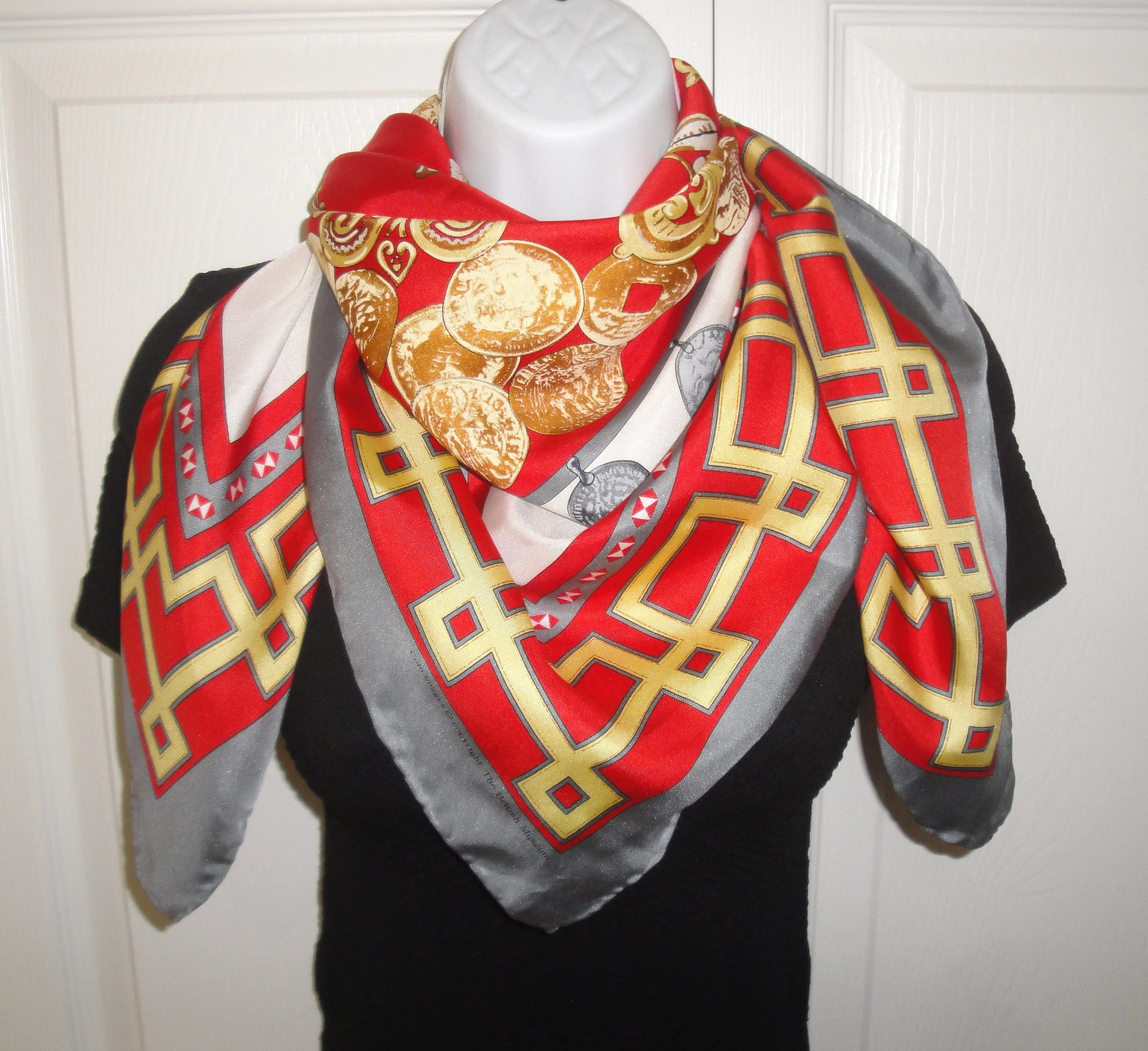 Silk Square Scarf Coin Images by The British Museum 36 by 35 Inch, Gray, Red, Gold, White Designs, Classic Hand Rolled/hemmed Edge Vintage - Image 4