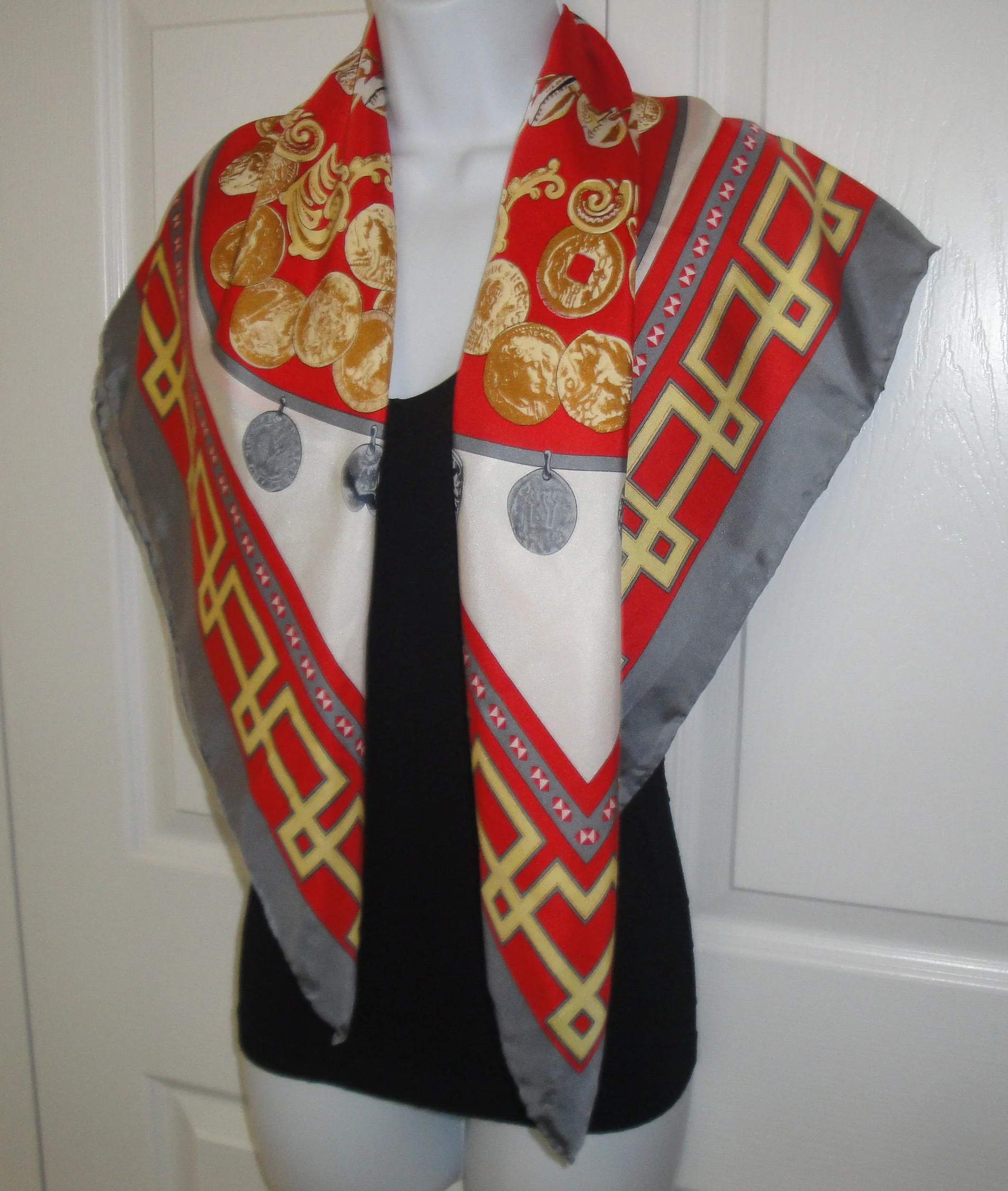 Silk Square Scarf Coin Images by The British Museum 36 by 35 Inch, Gray, Red, Gold, White Designs, Classic Hand Rolled/hemmed Edge Vintage - Image 5