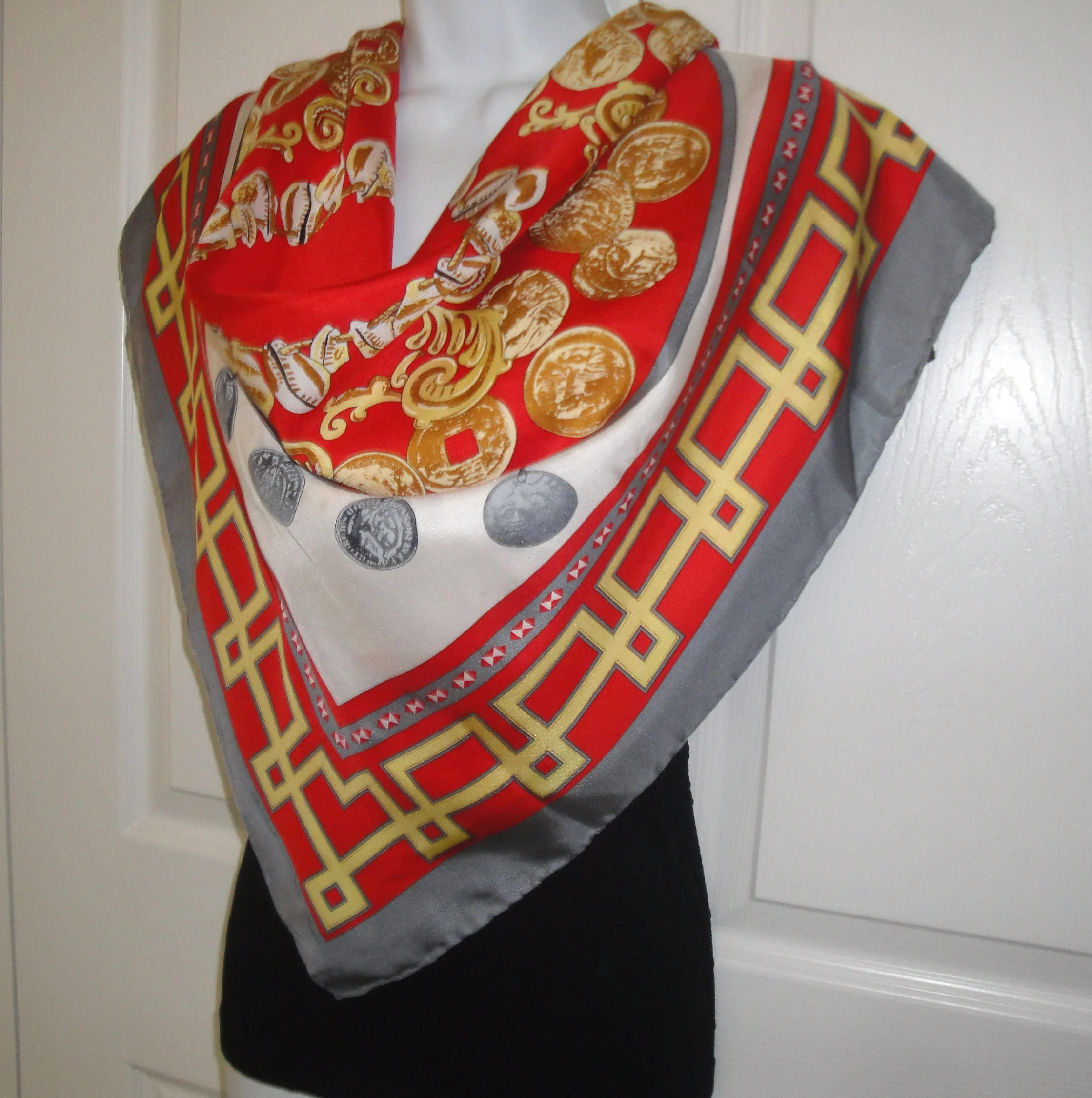 Silk Square Scarf Coin Images by The British Museum 36 by 35 Inch, Gray, Red, Gold, White Designs, Classic Hand Rolled/hemmed Edge Vintage - Image 6