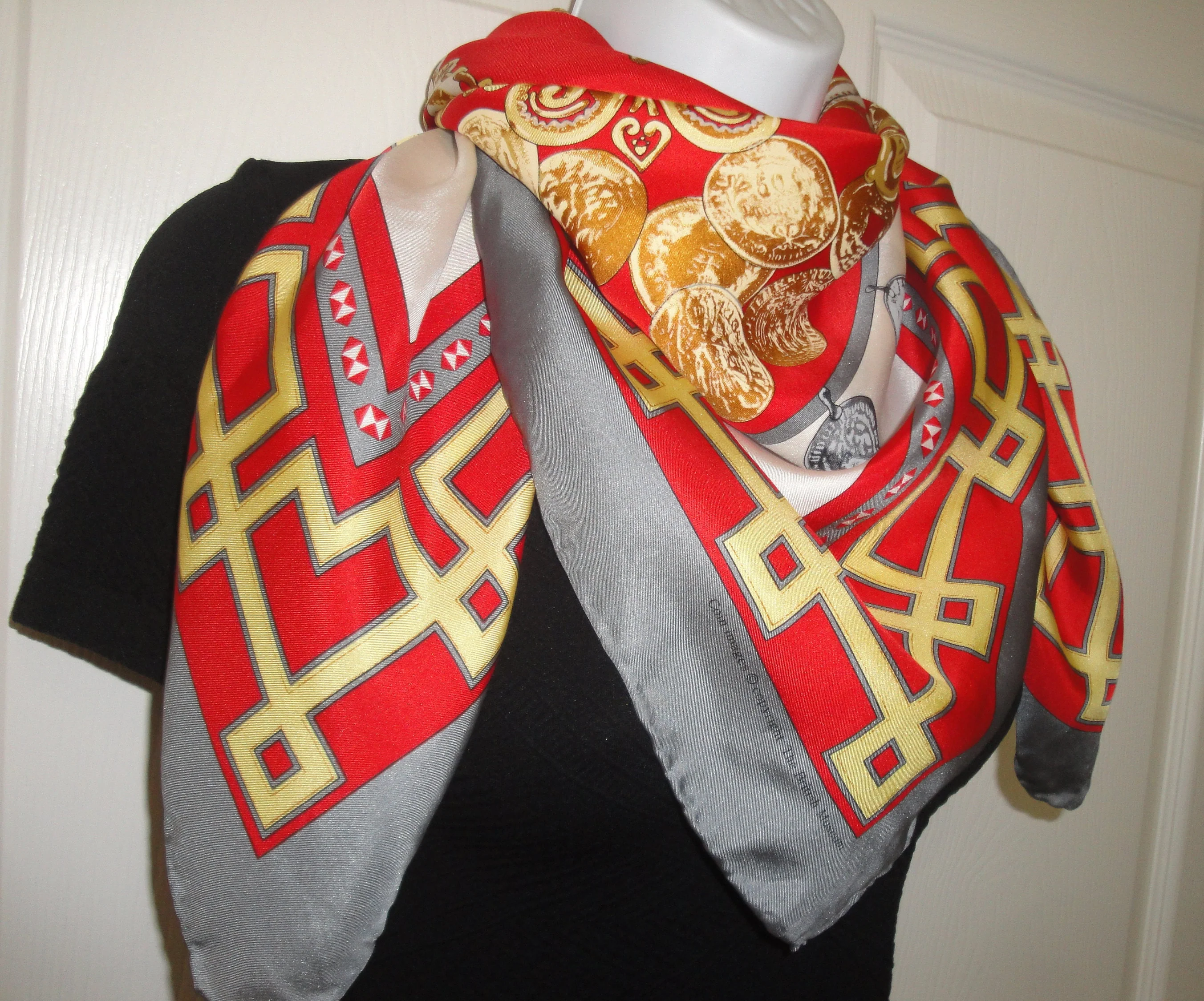 Silk Square Scarf Coin Images by The British Museum 36 by 35 Inch, Gray, Red, Gold, White Designs, Classic Hand Rolled/hemmed Edge Vintage - Image 7