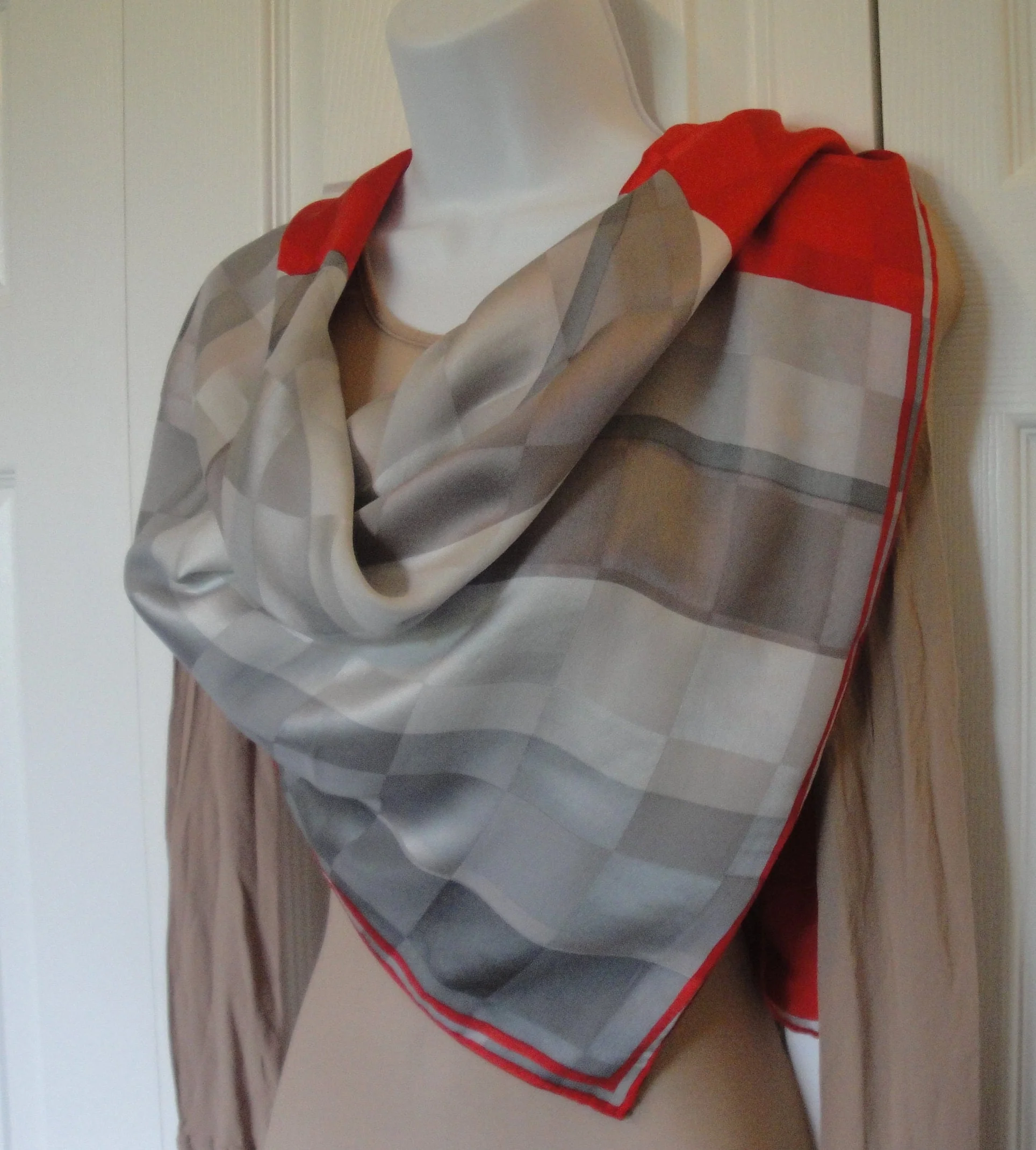 Silk Square Scarf Red and Gray Block Spectacular Design Hand Rolled Hemmed Edges True Statement Scarf! Bonus Scarf Donuts Vintage - Image 10