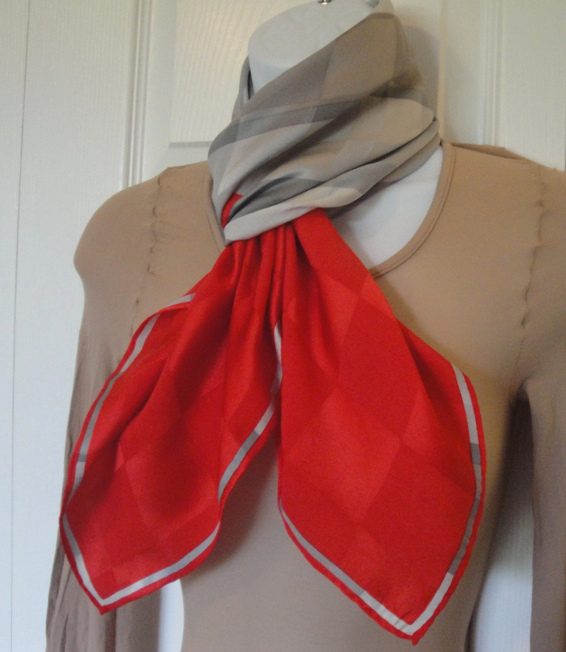 Silk Square Scarf Red and Gray Block Spectacular Design Hand Rolled Hemmed Edges True Statement Scarf! Bonus Scarf Donuts Vintage - Image 3