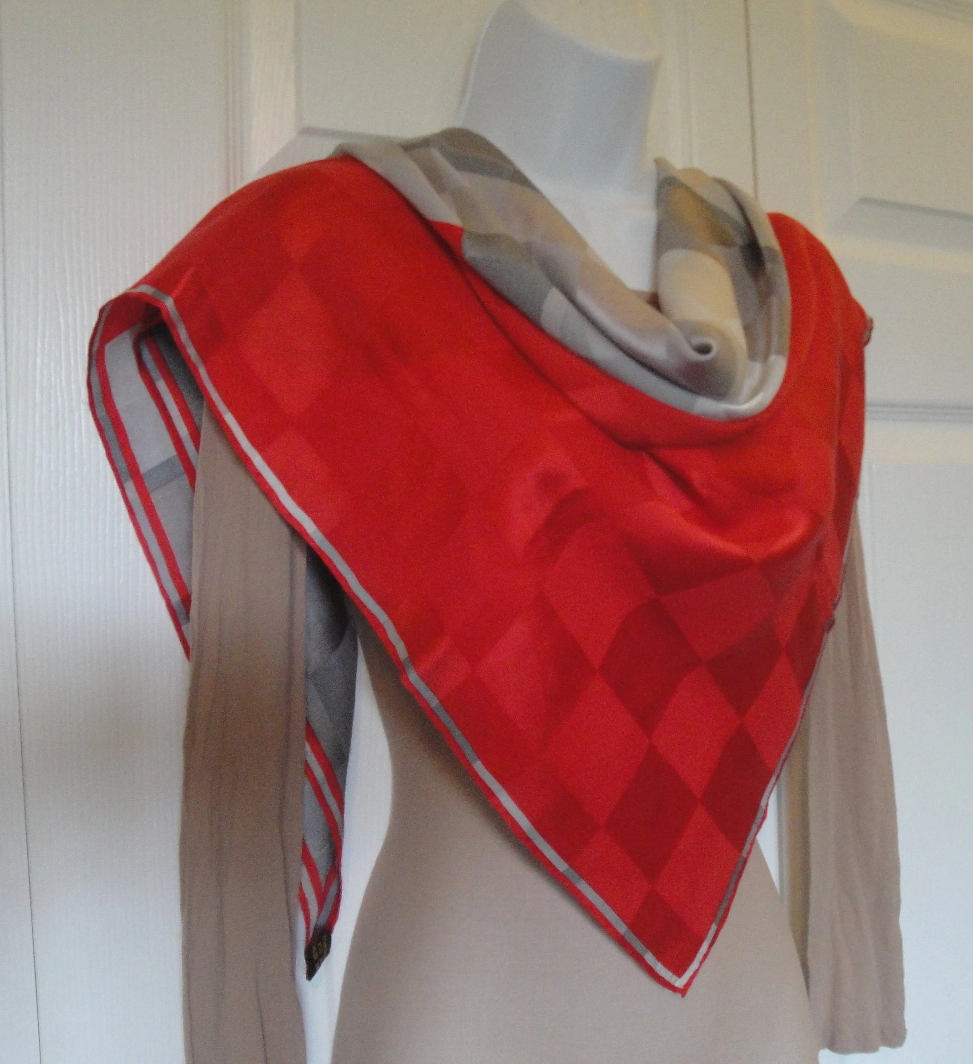 Silk Square Scarf Red and Gray Block Spectacular Design Hand Rolled Hemmed Edges True Statement Scarf! Bonus Scarf Donuts Vintage - Image 4