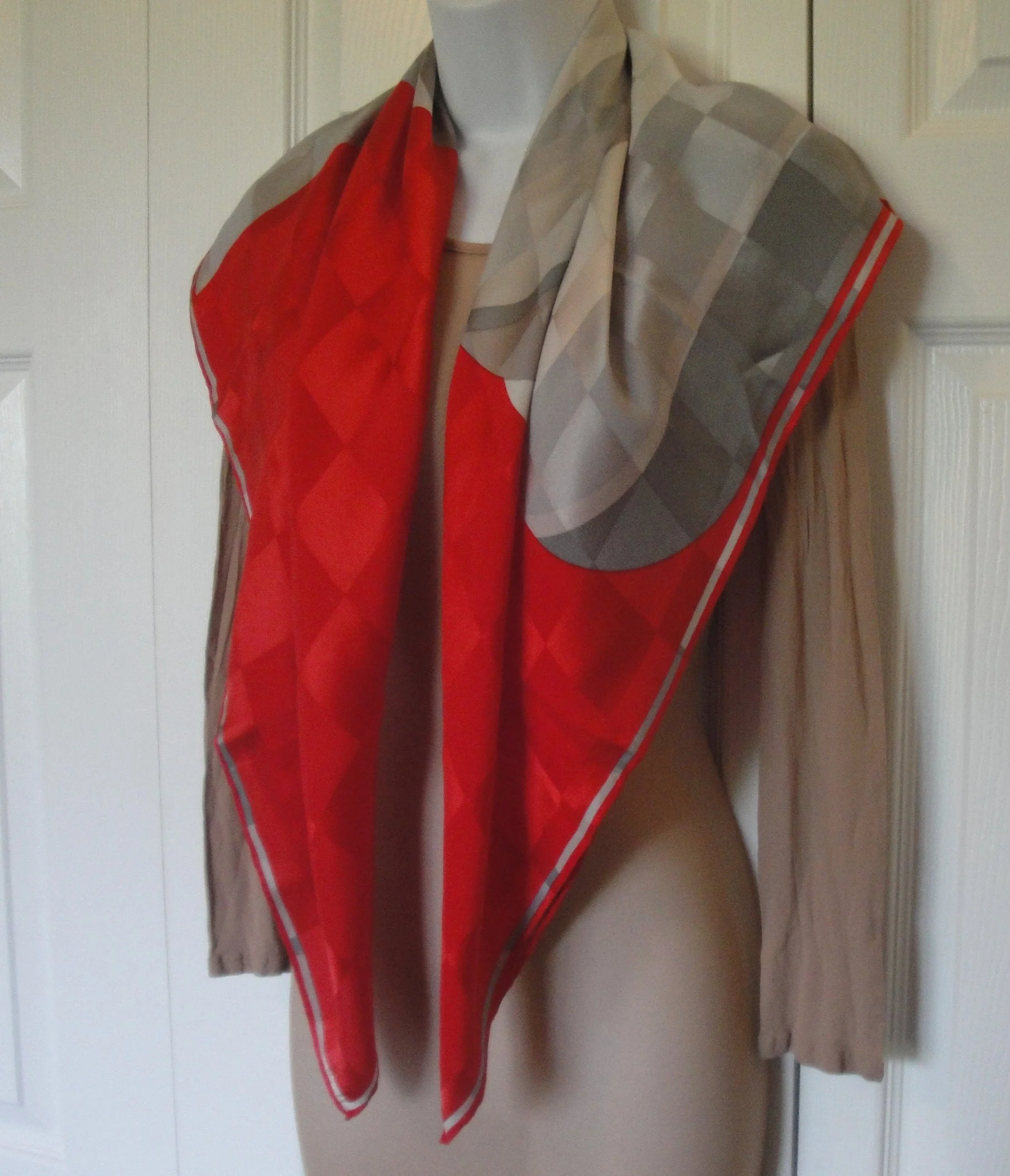 Silk Square Scarf Red and Gray Block Spectacular Design Hand Rolled Hemmed Edges True Statement Scarf! Bonus Scarf Donuts Vintage - Image 5