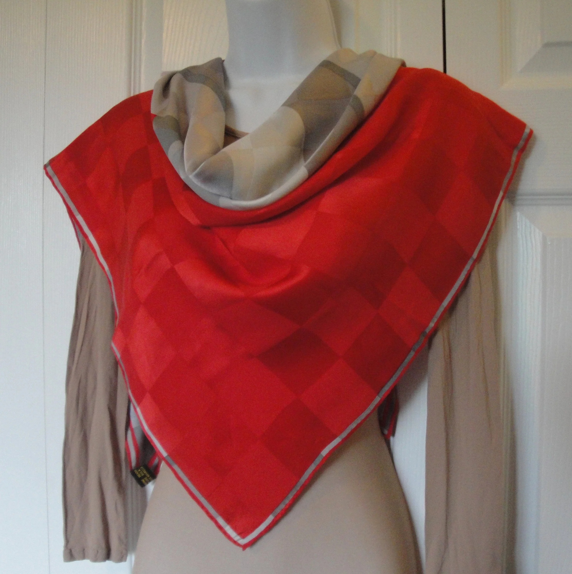 Silk Square Scarf Red and Gray Block Spectacular Design Hand Rolled Hemmed Edges True Statement Scarf! Bonus Scarf Donuts Vintage - Image 7