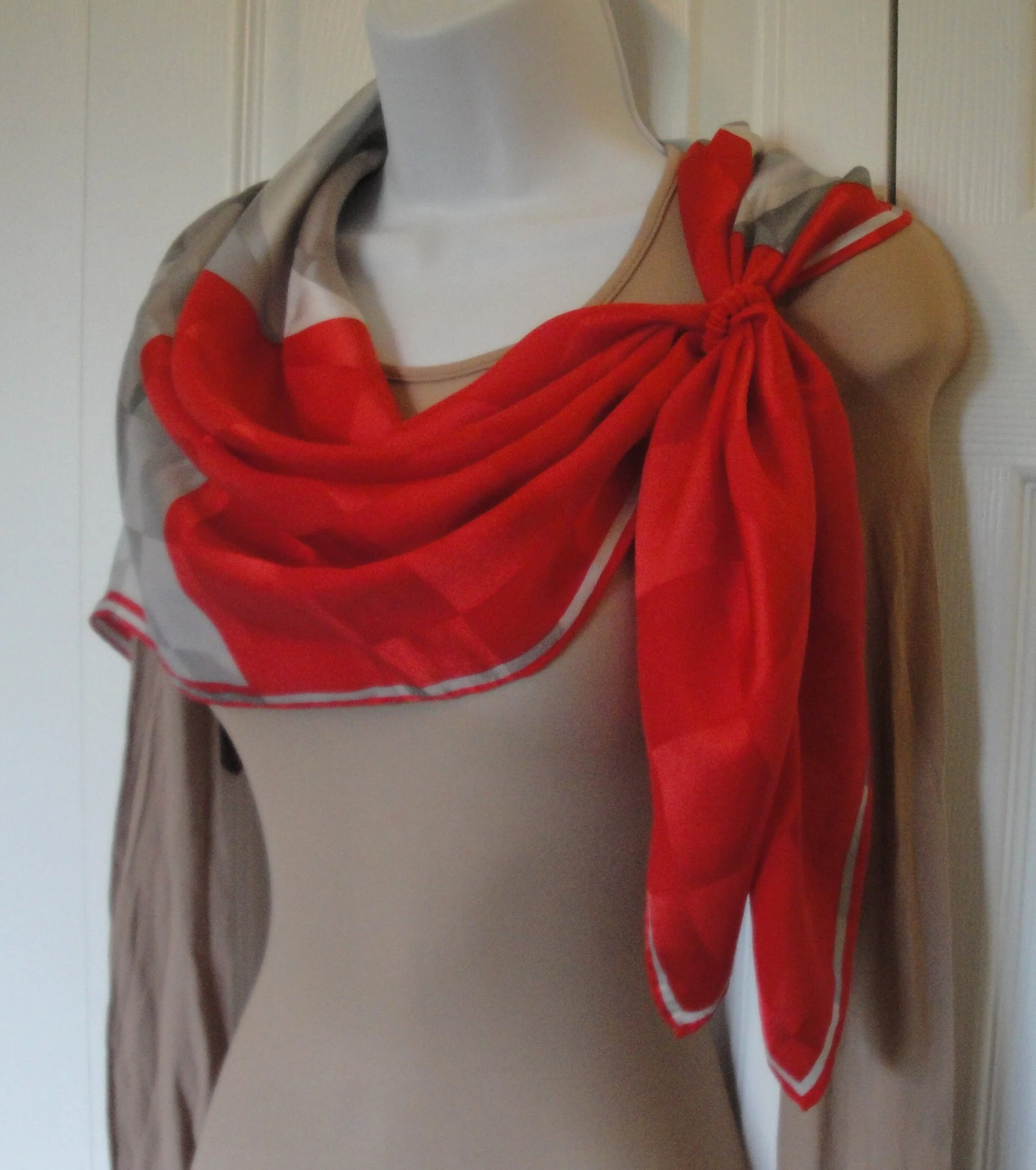 Silk Square Scarf Red and Gray Block Spectacular Design Hand Rolled Hemmed Edges True Statement Scarf! Bonus Scarf Donuts Vintage - Image 8
