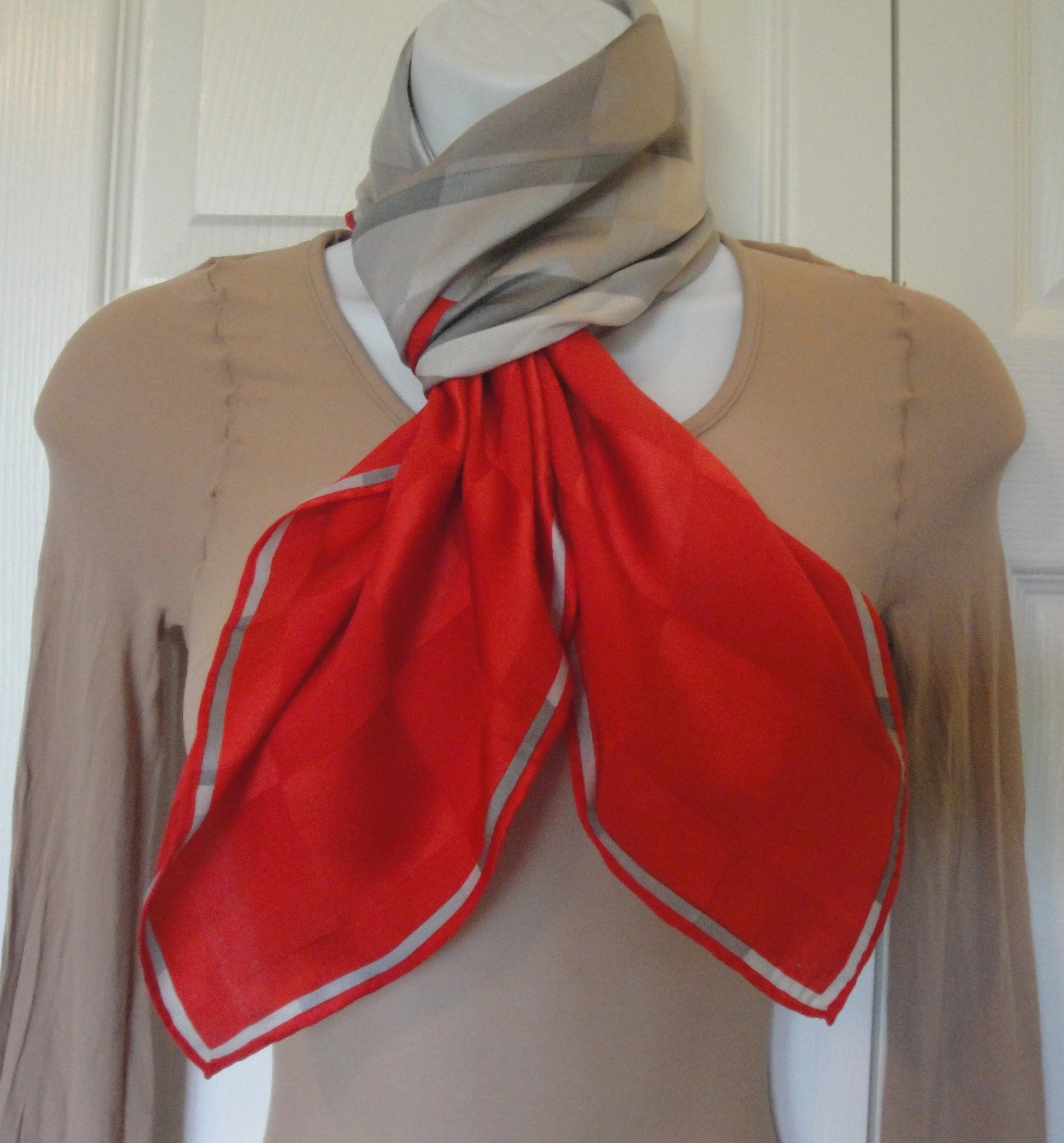 Silk Square Scarf Red and Gray Block Spectacular Design Hand Rolled Hemmed Edges True Statement Scarf! Bonus Scarf Donuts Vintage - Image 9
