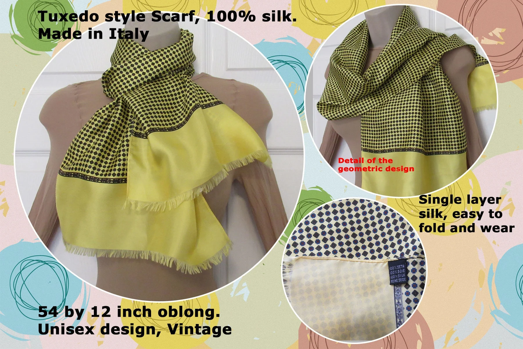 Silk Tuxedo Style Scarf 100% Silk Made In Italy 54 by 12 Inch Oblong Narrow Self Fringe Both Ends Yellow Gray Red Geometric Vintage - Image 2