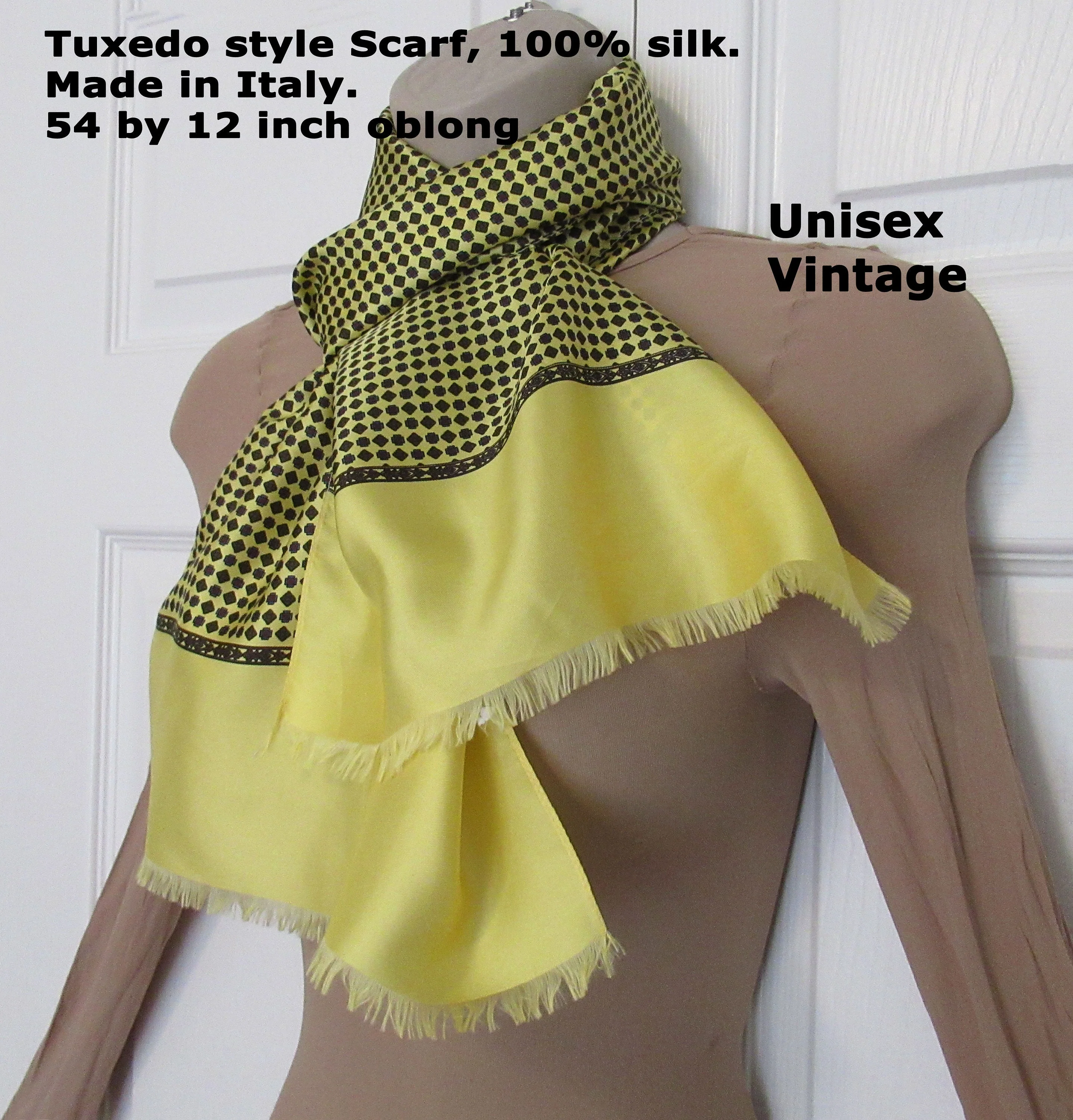 Silk Tuxedo Style Scarf 100% Silk Made In Italy 54 by 12 Inch Oblong Narrow Self Fringe Both Ends Yellow Gray Red Geometric Vintage - Image 3