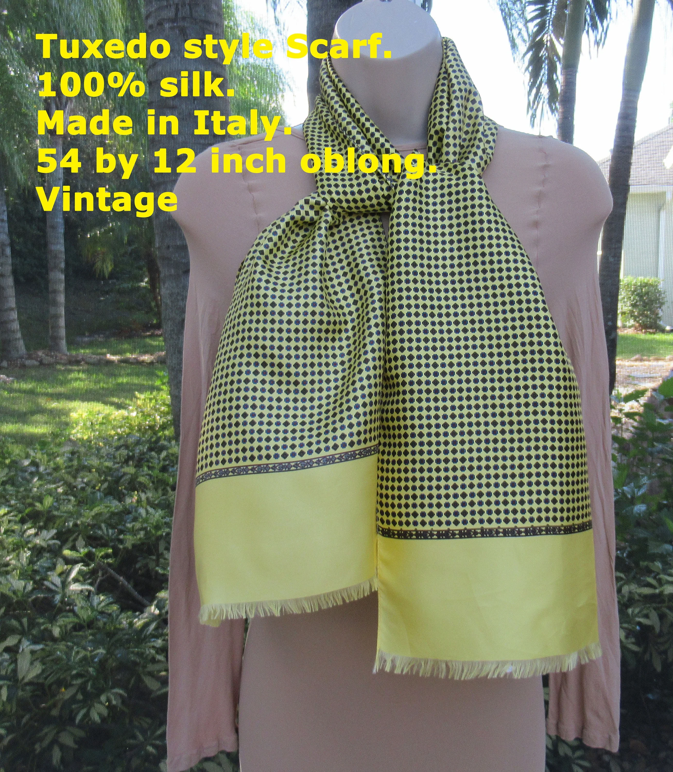 Silk Tuxedo Style Scarf 100% Silk Made In Italy 54 by 12 Inch Oblong Narrow Self Fringe Both Ends Yellow Gray Red Geometric Vintage - Image 4
